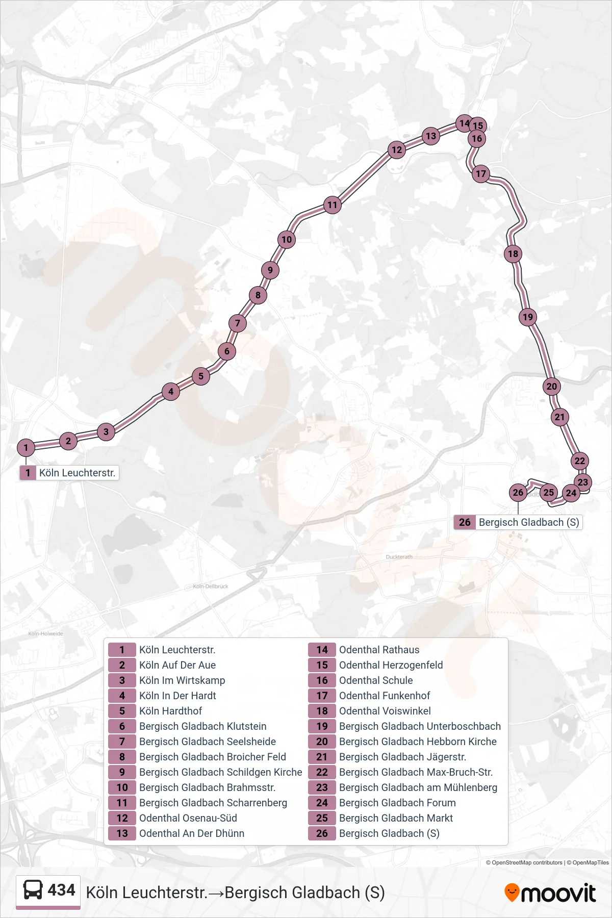 434 bus Line (Köln Leuchterstr.→Bergisch Gladbach (S)) route and stops on a map