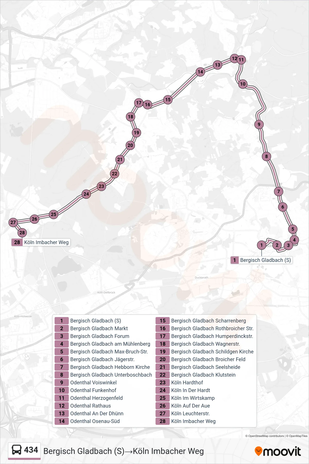 Linie 434 (Bus) Richtung Bergisch Gladbach (S)→Köln Imbacher Weg: Route und Haltestellen auf der Karte