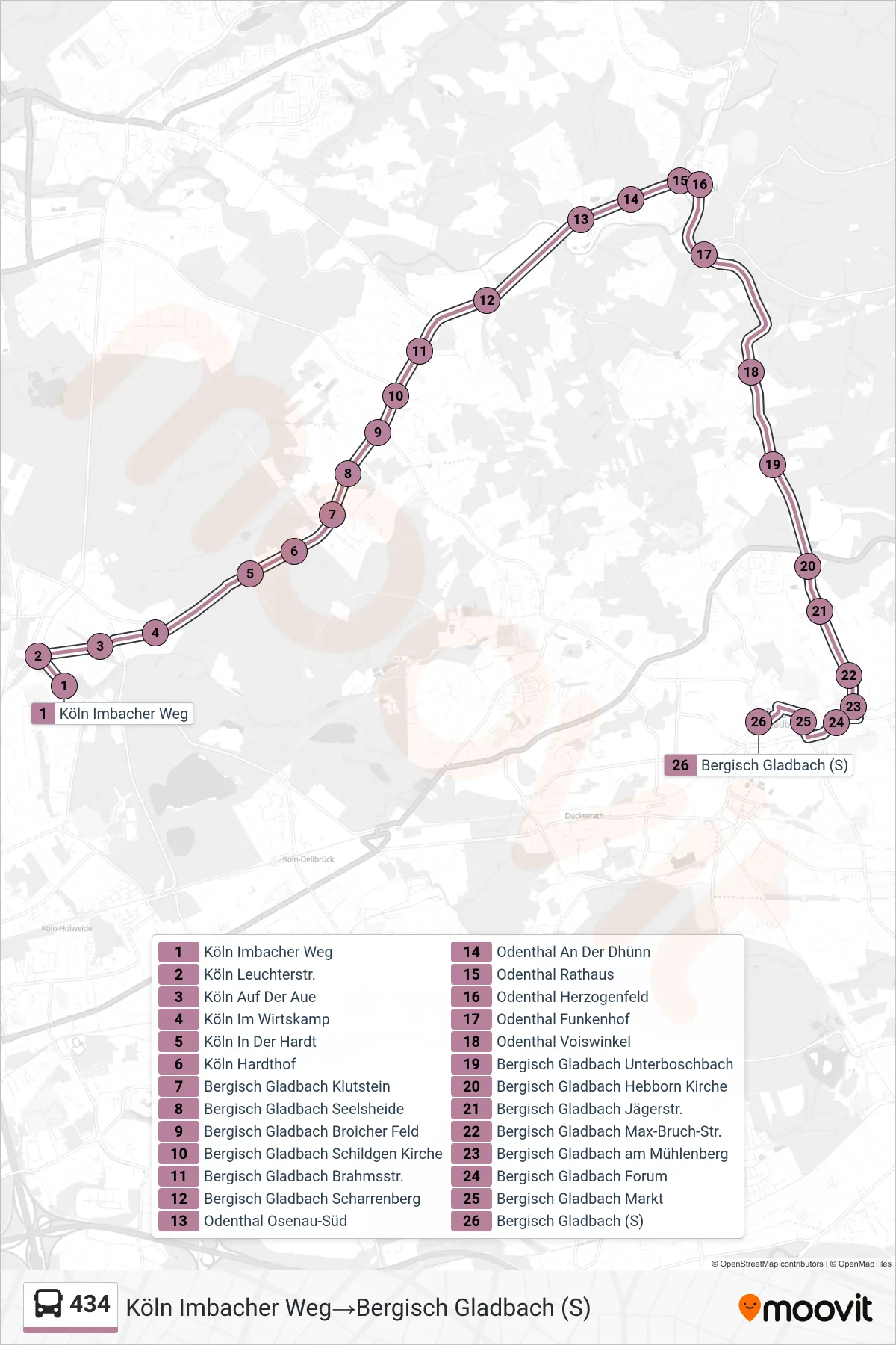 Linie 434 (Bus) Richtung Köln Imbacher Weg→Bergisch Gladbach (S): Route und Haltestellen auf der Karte