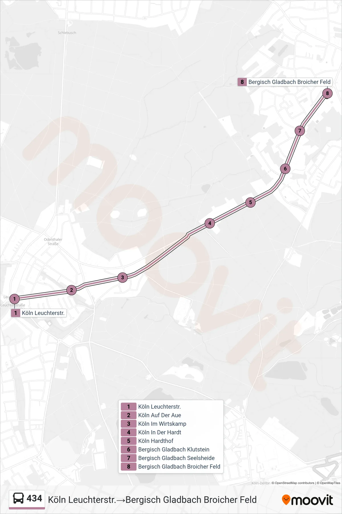 Linie 434 (Bus) Richtung Köln Leuchterstr.→Bergisch Gladbach Broicher Feld: Route und Haltestellen auf der Karte
