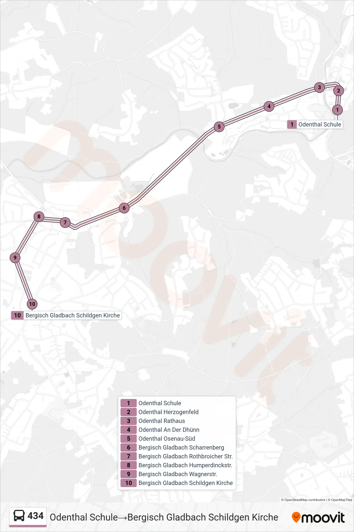 Linie 434 (Bus) Richtung Odenthal Schule→Bergisch Gladbach Schildgen Kirche: Route und Haltestellen auf der Karte