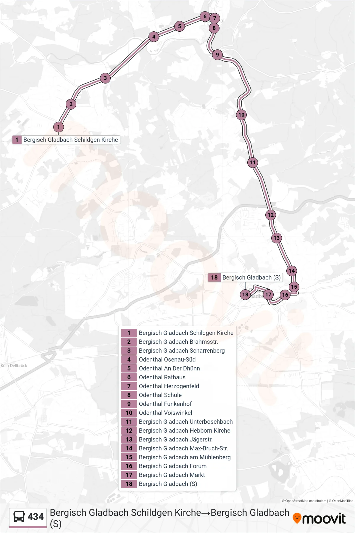 Linie 434 (Bus) Richtung Bergisch Gladbach Schildgen Kirche→Bergisch Gladbach (S): Route und Haltestellen auf der Karte