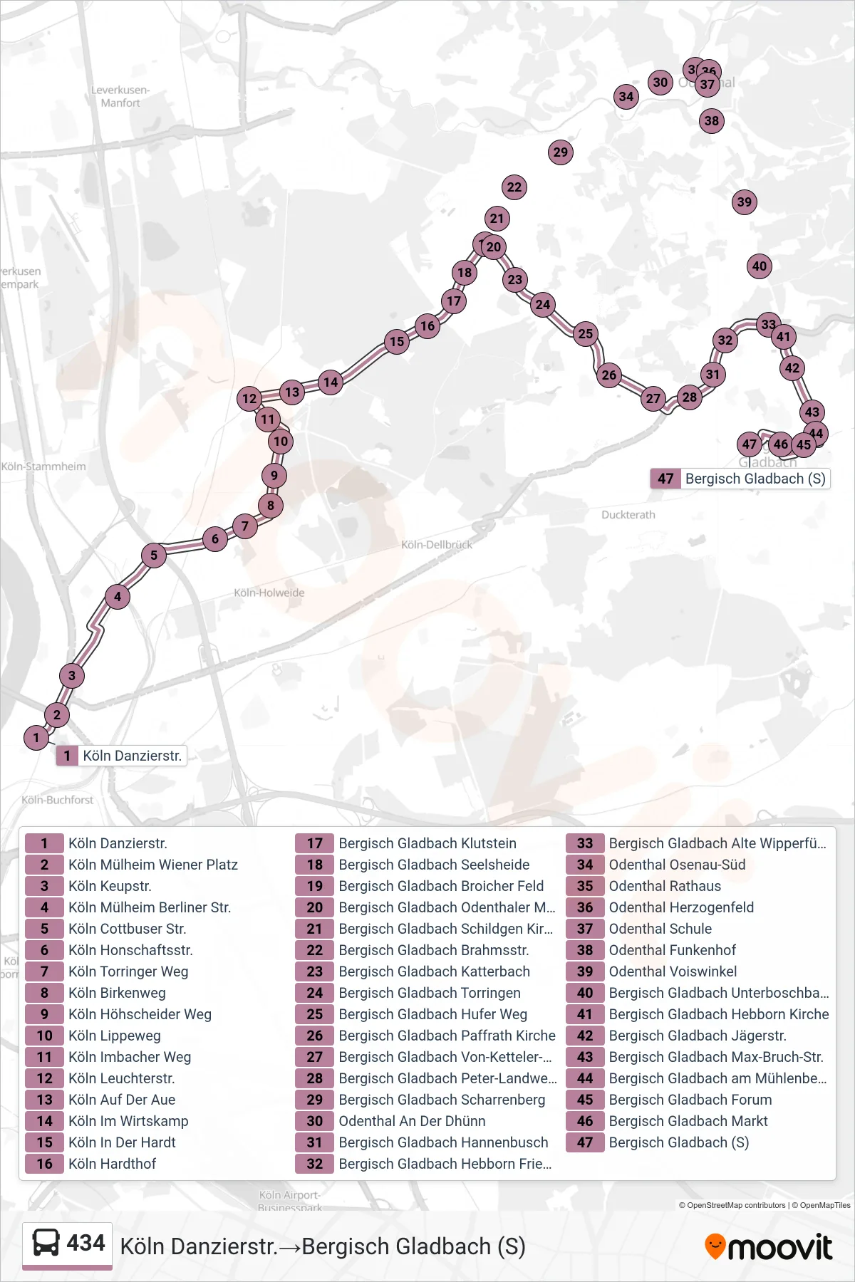 Linie 434 (Bus) Richtung Köln Danzierstr.→Bergisch Gladbach (S): Route und Haltestellen auf der Karte