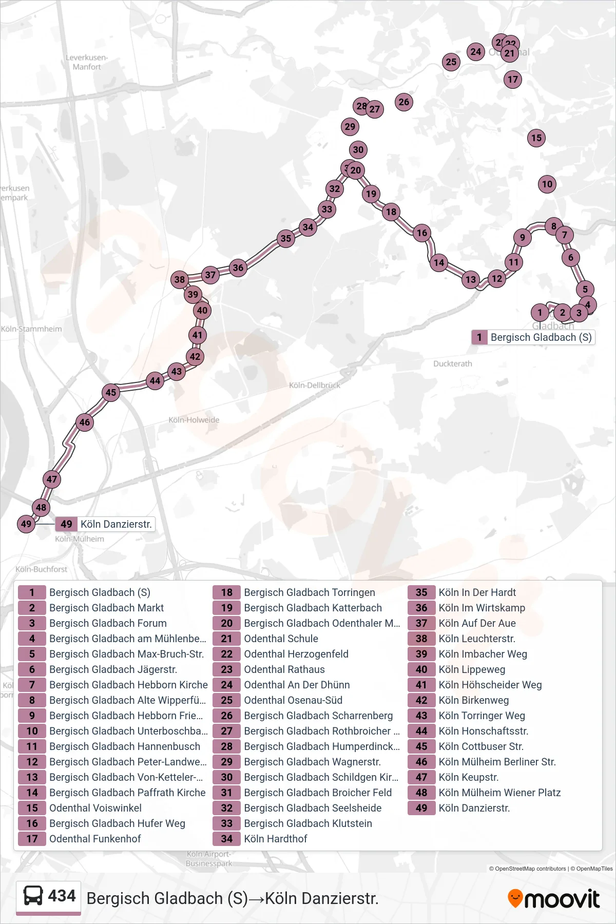 Linie 434 (Bus) Richtung Bergisch Gladbach (S)→Köln Danzierstr.: Route und Haltestellen auf der Karte