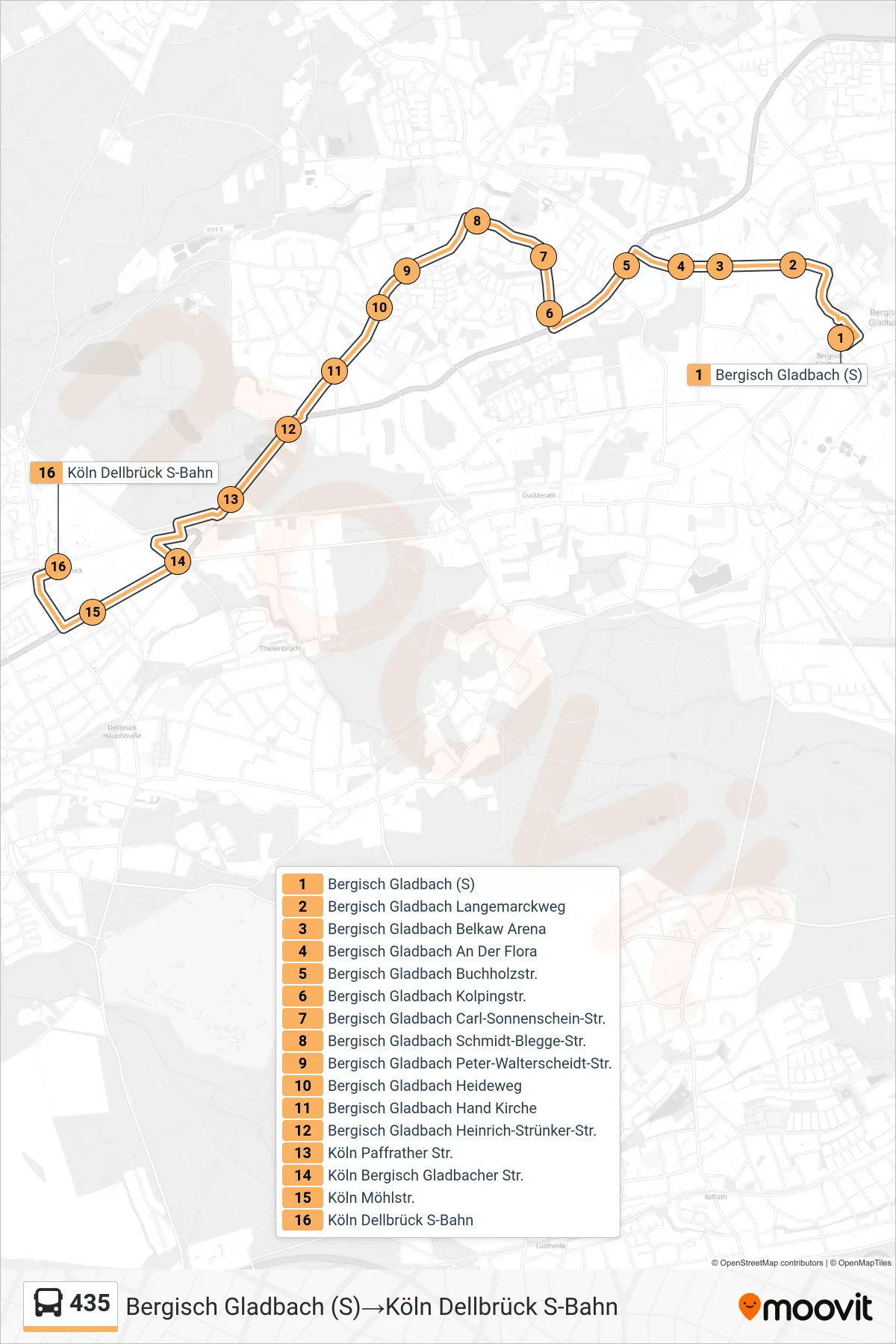 Linie 435 (Bus) Richtung Bergisch Gladbach (S)‎→Köln Dellbrück S-Bahn: Route und Haltestellen auf der Karte