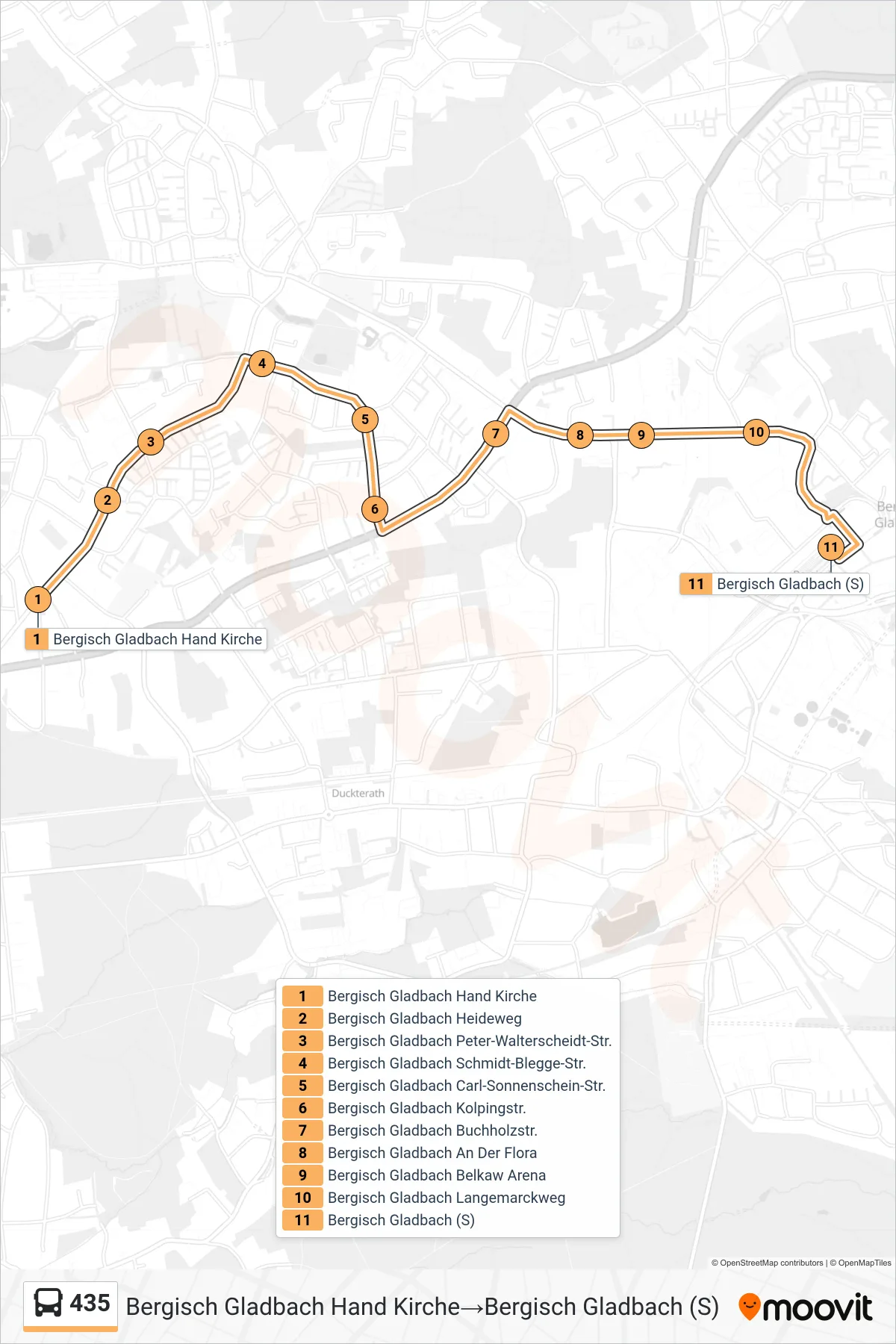 Linie 435 (Bus) Richtung Bergisch Gladbach Hand Kirche‎→Bergisch Gladbach (S): Route und Haltestellen auf der Karte