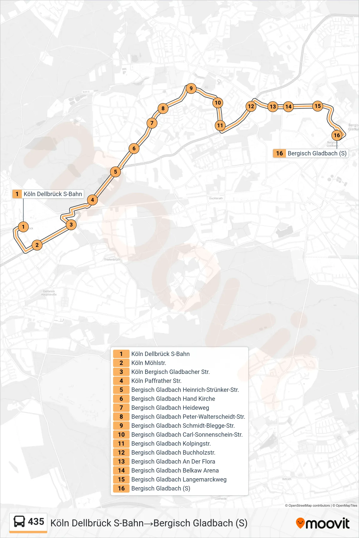 Linie 435 (Bus) Richtung Köln Dellbrück S-Bahn→Bergisch Gladbach (S): Route und Haltestellen auf der Karte