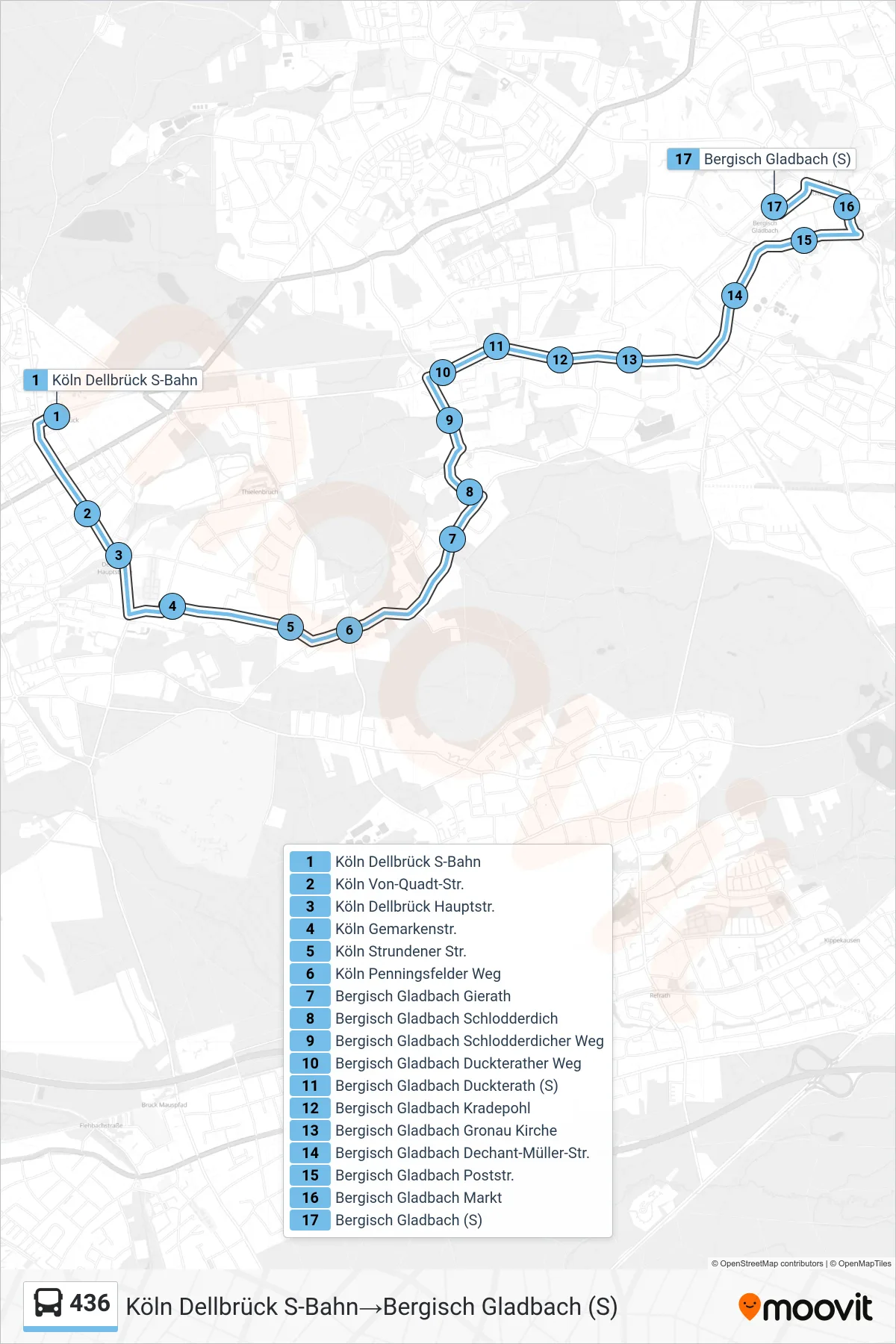 Linie 436 (Bus) Richtung Köln Dellbrück S-Bahn→Bergisch Gladbach (S): Route und Haltestellen auf der Karte