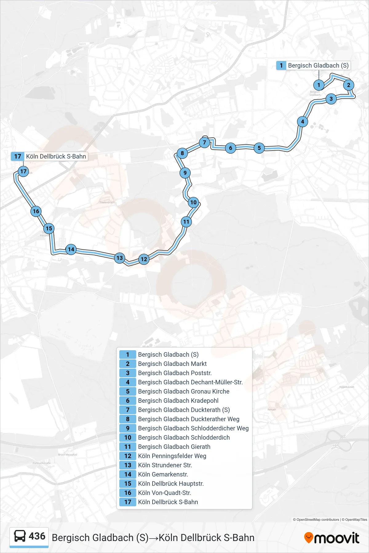 Linie 436 (Bus) Richtung Bergisch Gladbach (S)→Köln Dellbrück S-Bahn: Route und Haltestellen auf der Karte