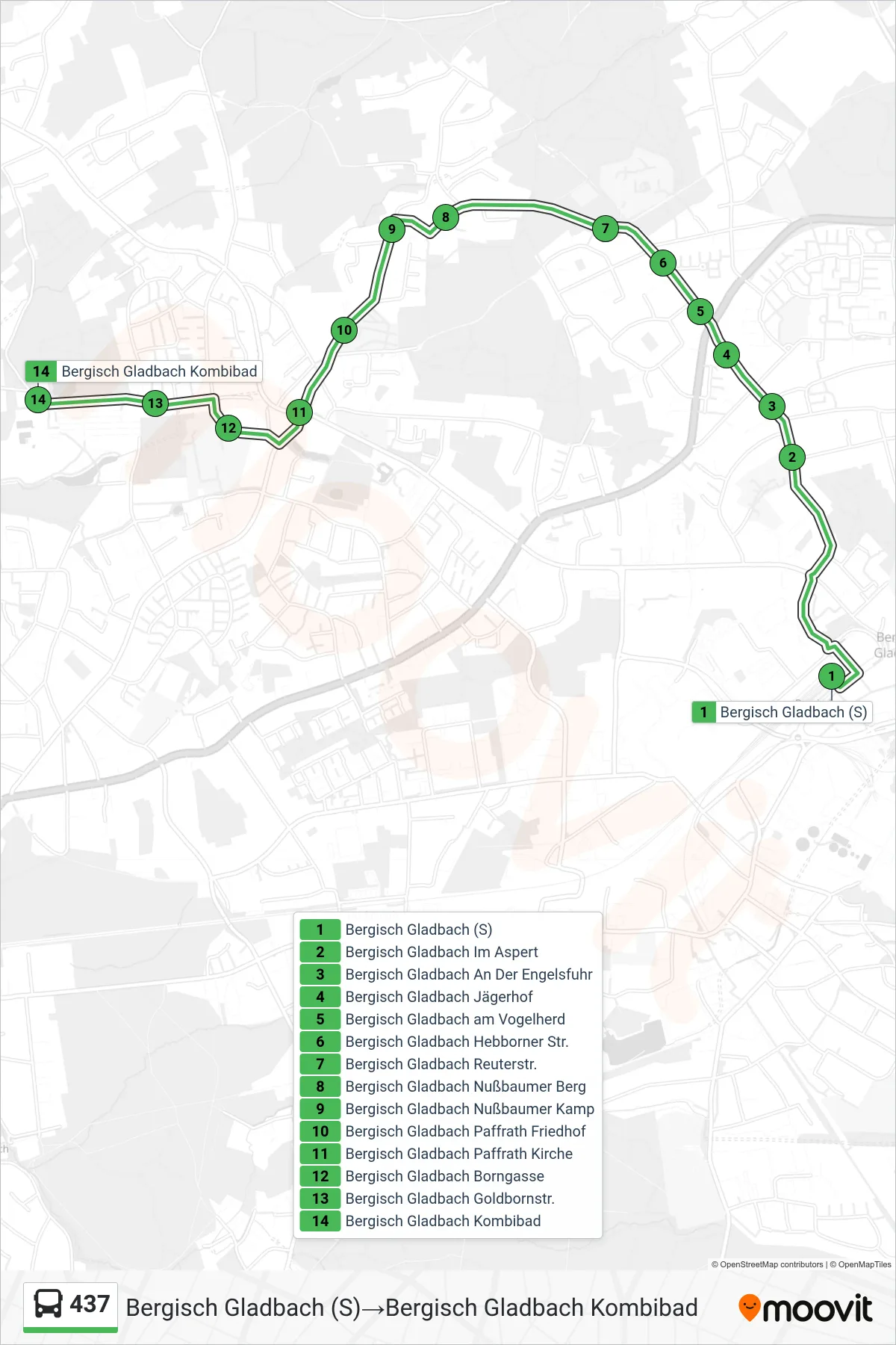 Linie 437 (Bus) Richtung Bergisch Gladbach (S)‎→Bergisch Gladbach Kombibad: Route und Haltestellen auf der Karte
