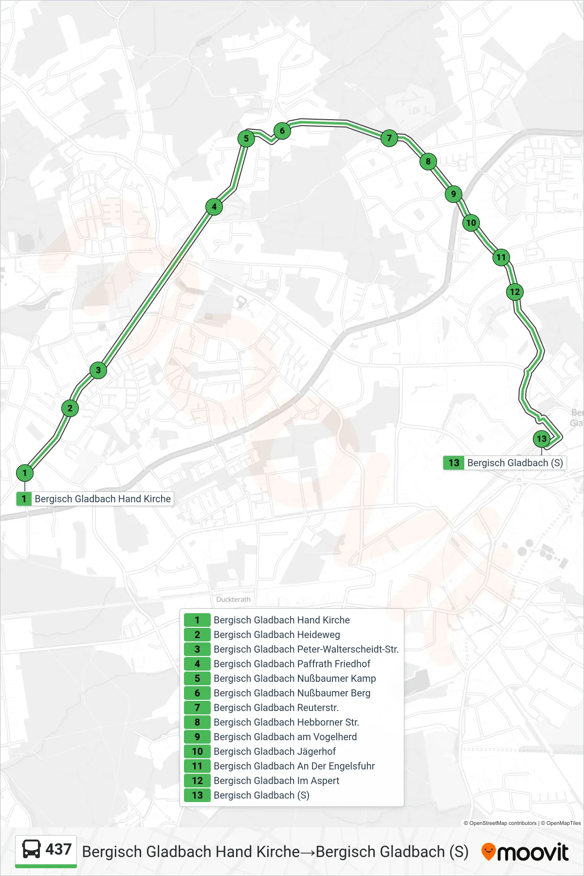Linie 437 (Bus) Richtung Bergisch Gladbach Hand Kirche→Bergisch Gladbach (S): Route und Haltestellen auf der Karte