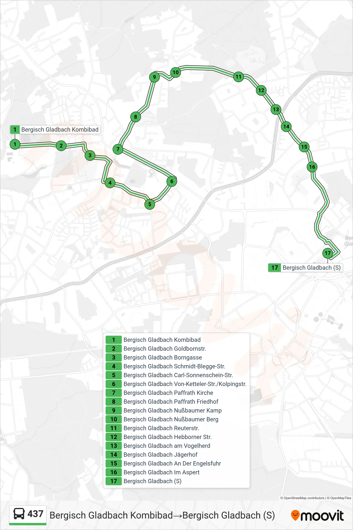 Linie 437 (Bus) Richtung Bergisch Gladbach Kombibad‎→Bergisch Gladbach (S): Route und Haltestellen auf der Karte