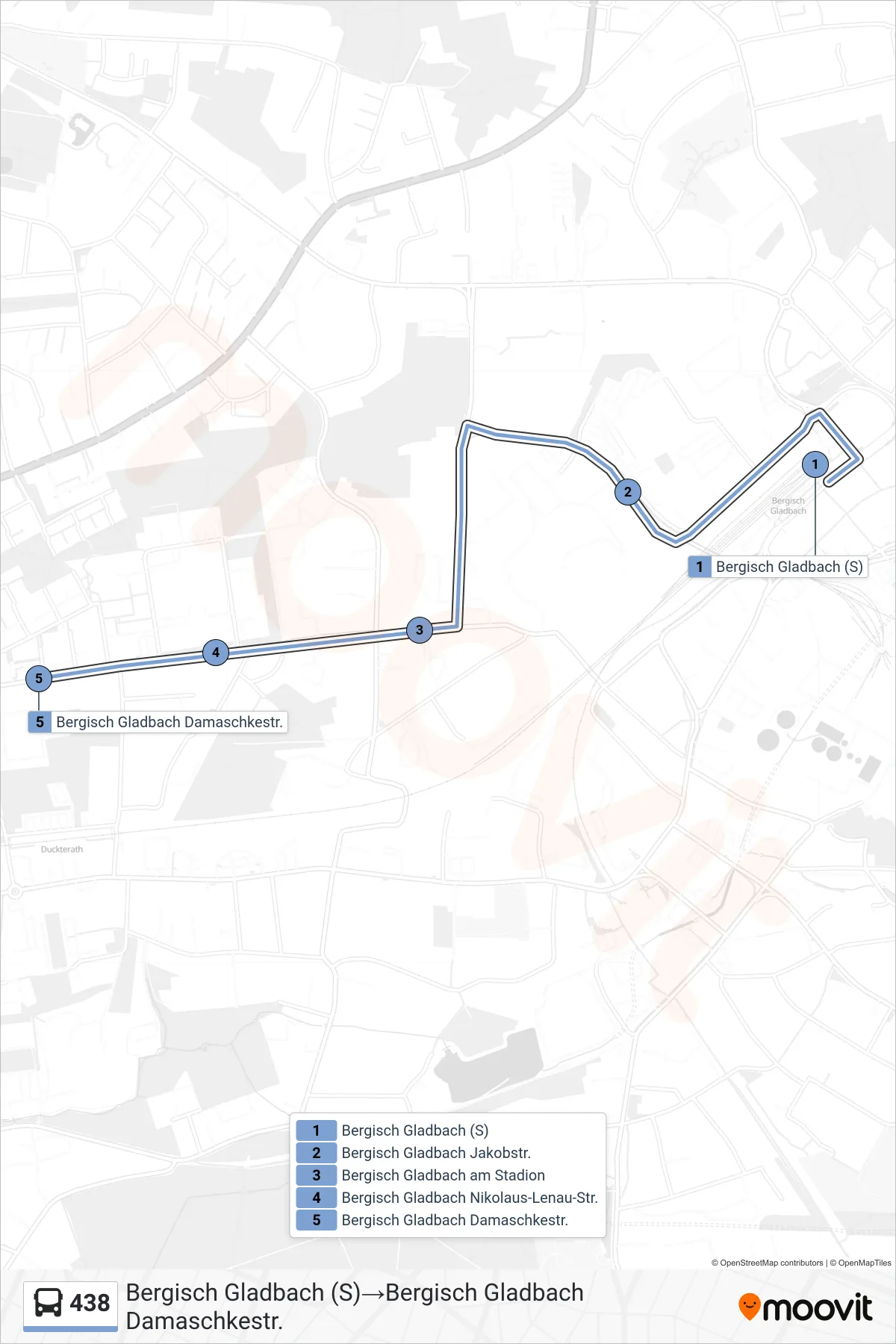 Linie 438 (Bus) Richtung Bergisch Gladbach (S)→Bergisch Gladbach Damaschkestr.: Route und Haltestellen auf der Karte