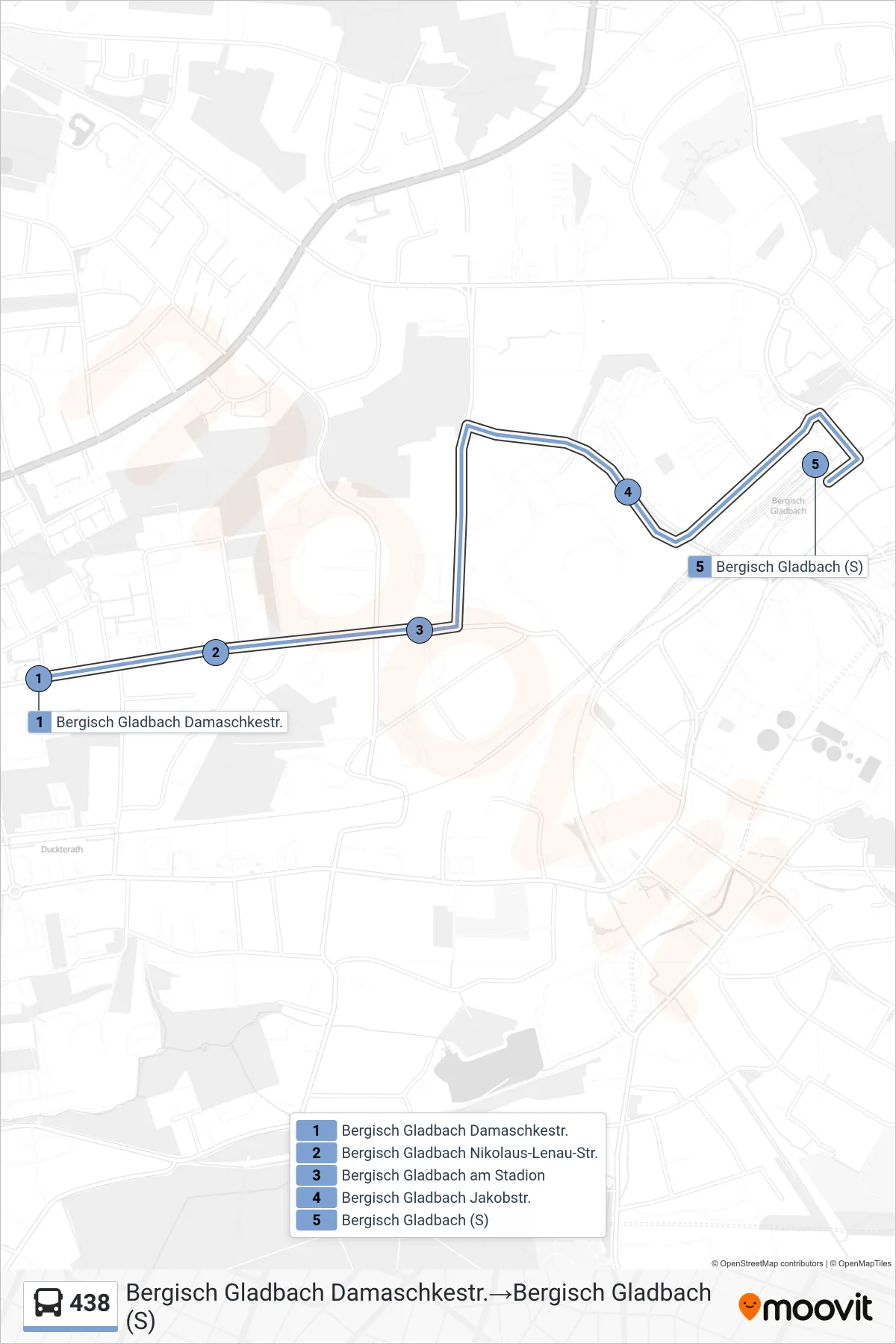 Linie 438 (Bus) Richtung Bergisch Gladbach Damaschkestr.→Bergisch Gladbach (S): Route und Haltestellen auf der Karte