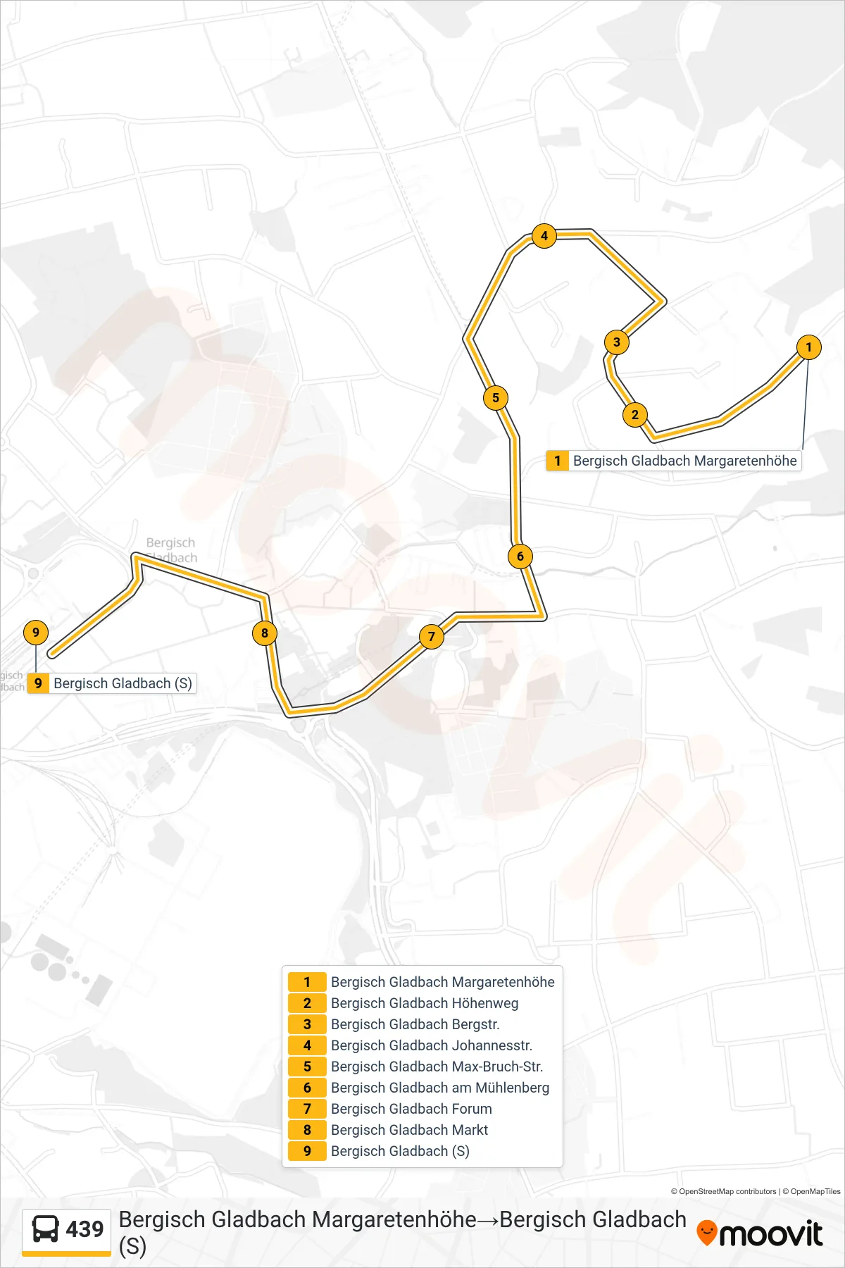 Linie 439 (Bus) Richtung Bergisch Gladbach Margaretenhöhe→Bergisch Gladbach (S): Route und Haltestellen auf der Karte
