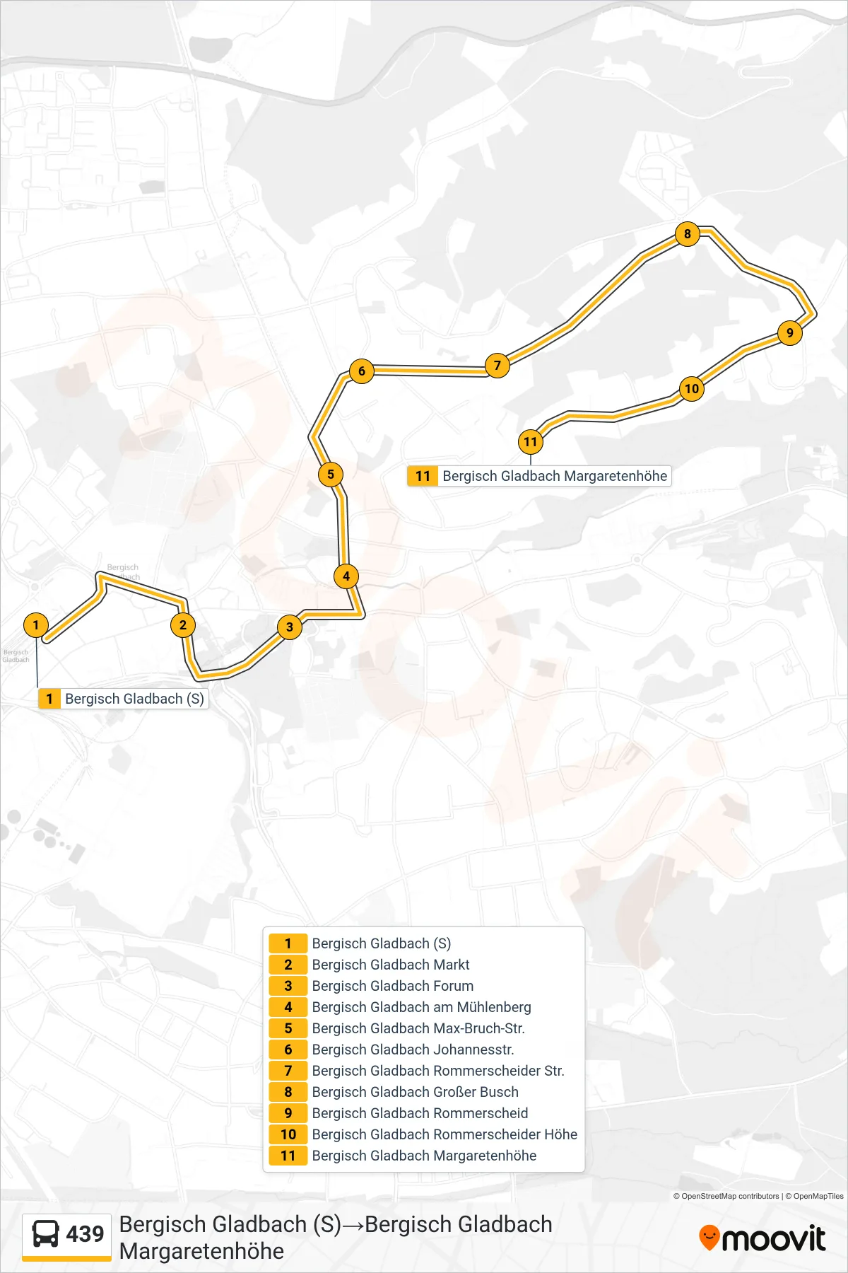 Linie 439 (Bus) Richtung Bergisch Gladbach (S)→Bergisch Gladbach Margaretenhöhe: Route und Haltestellen auf der Karte