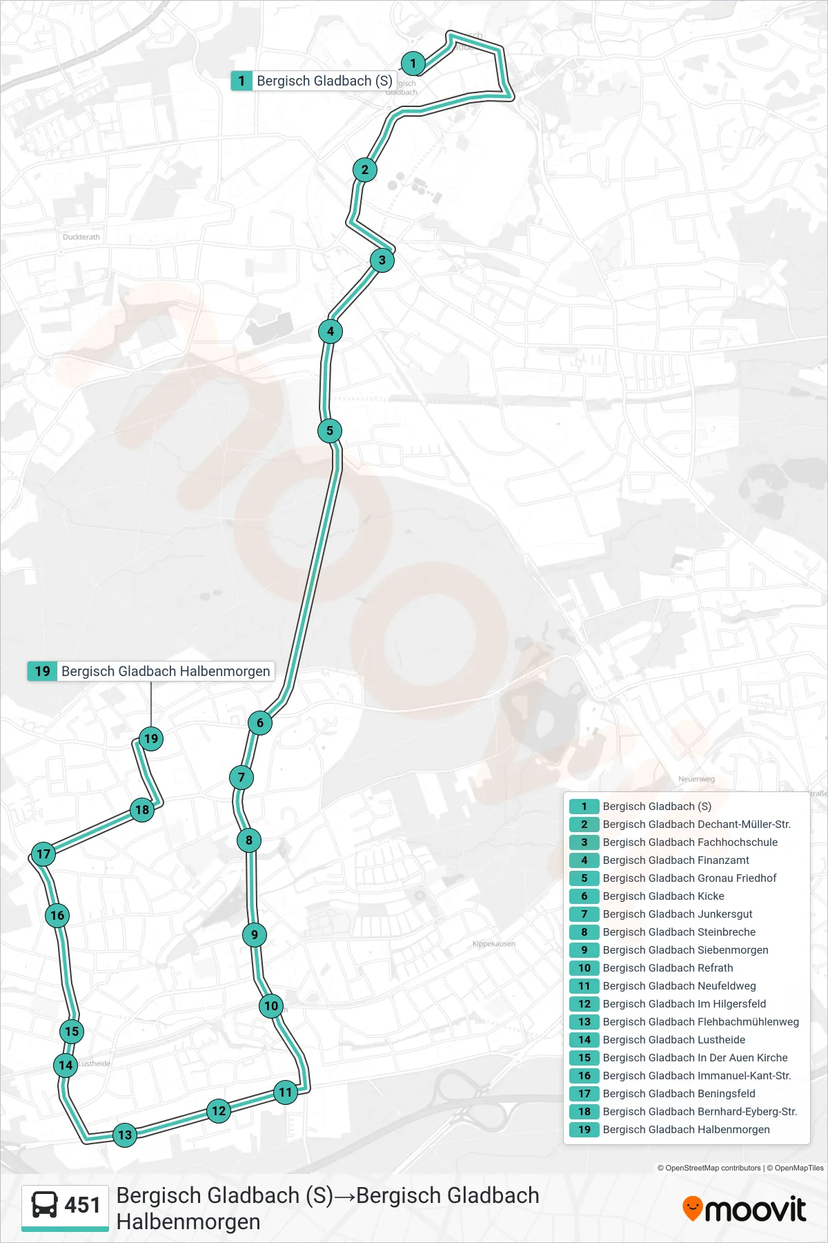 Linie 451 (Bus) Richtung Bergisch Gladbach (S)→Bergisch Gladbach Halbenmorgen: Route und Haltestellen auf der Karte