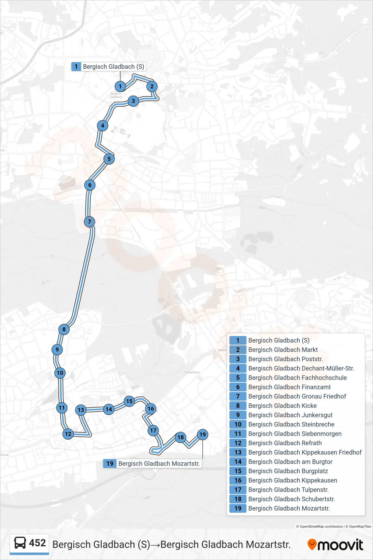 Linie 452 (Bus) Richtung Bergisch Gladbach (S)‎→Bergisch Gladbach Mozartstr.: Route und Haltestellen auf der Karte