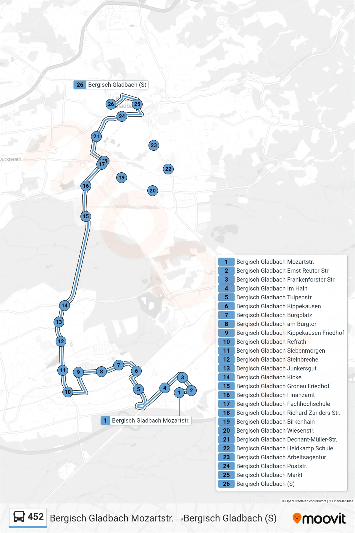 Linie 452 (Bus) Richtung Bergisch Gladbach Mozartstr.‎→Bergisch Gladbach (S): Route und Haltestellen auf der Karte