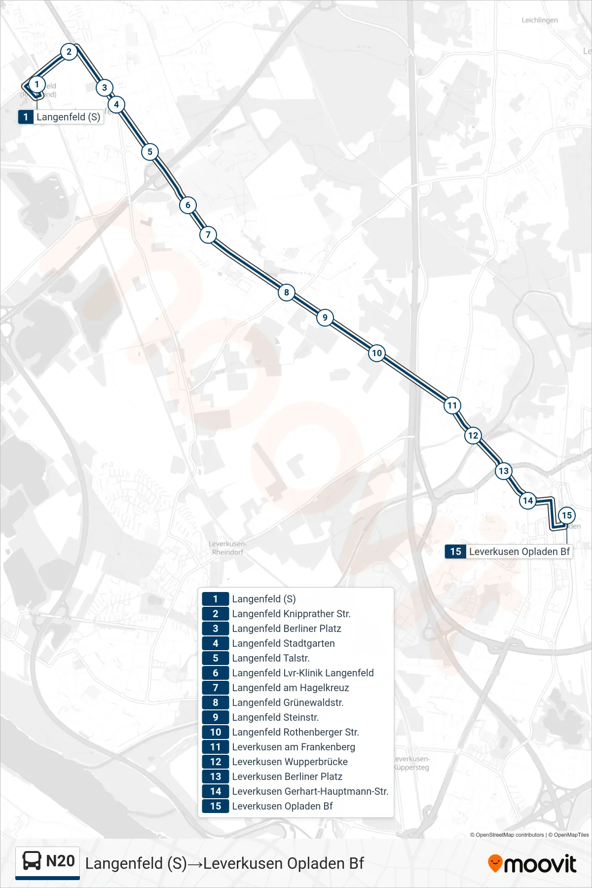 Linie N20 (Bus) Richtung Langenfeld (S)→Leverkusen Opladen Bf: Route und Haltestellen auf der Karte