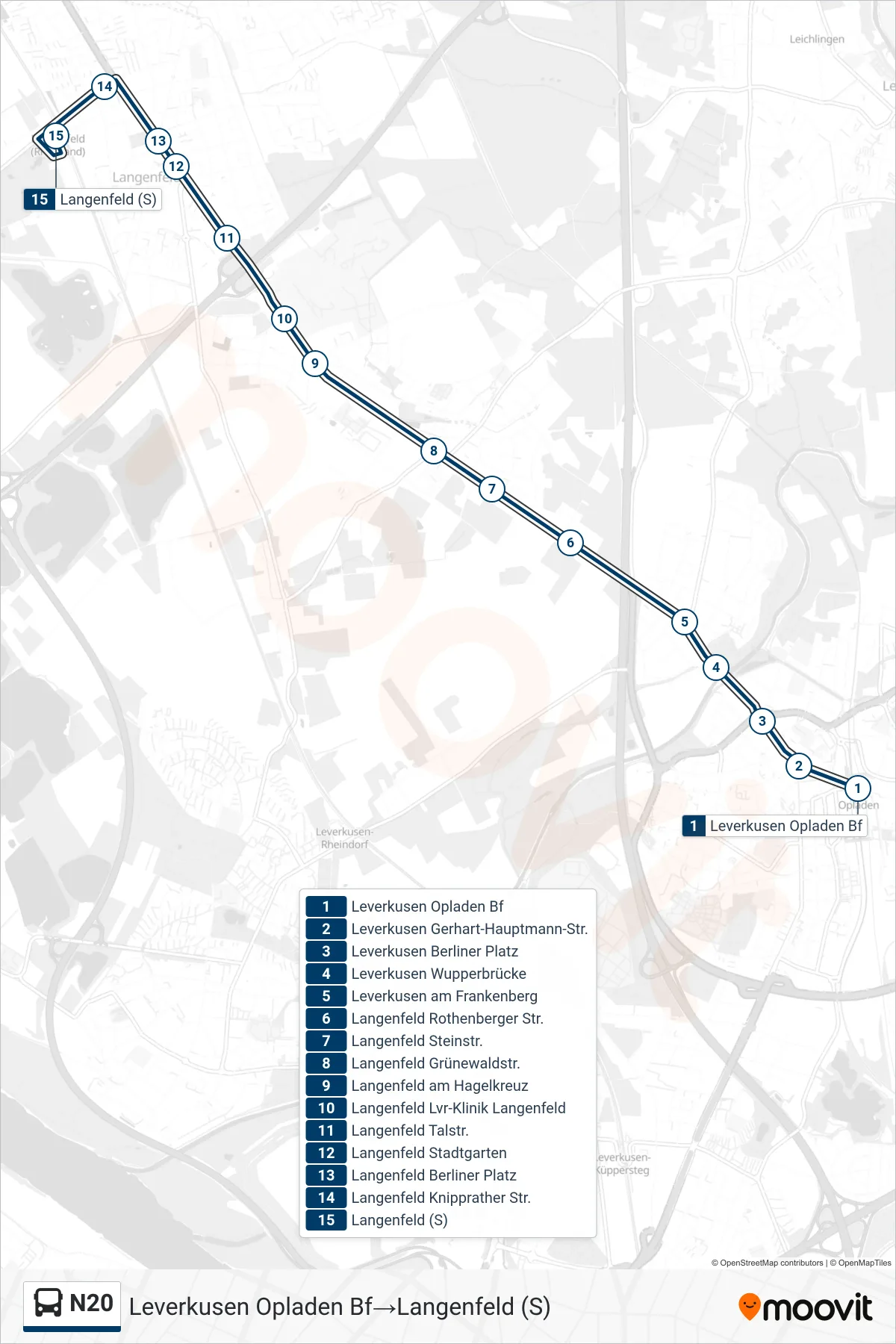 Linie N20 (Bus) Richtung Leverkusen Opladen Bf→Langenfeld (S): Route und Haltestellen auf der Karte
