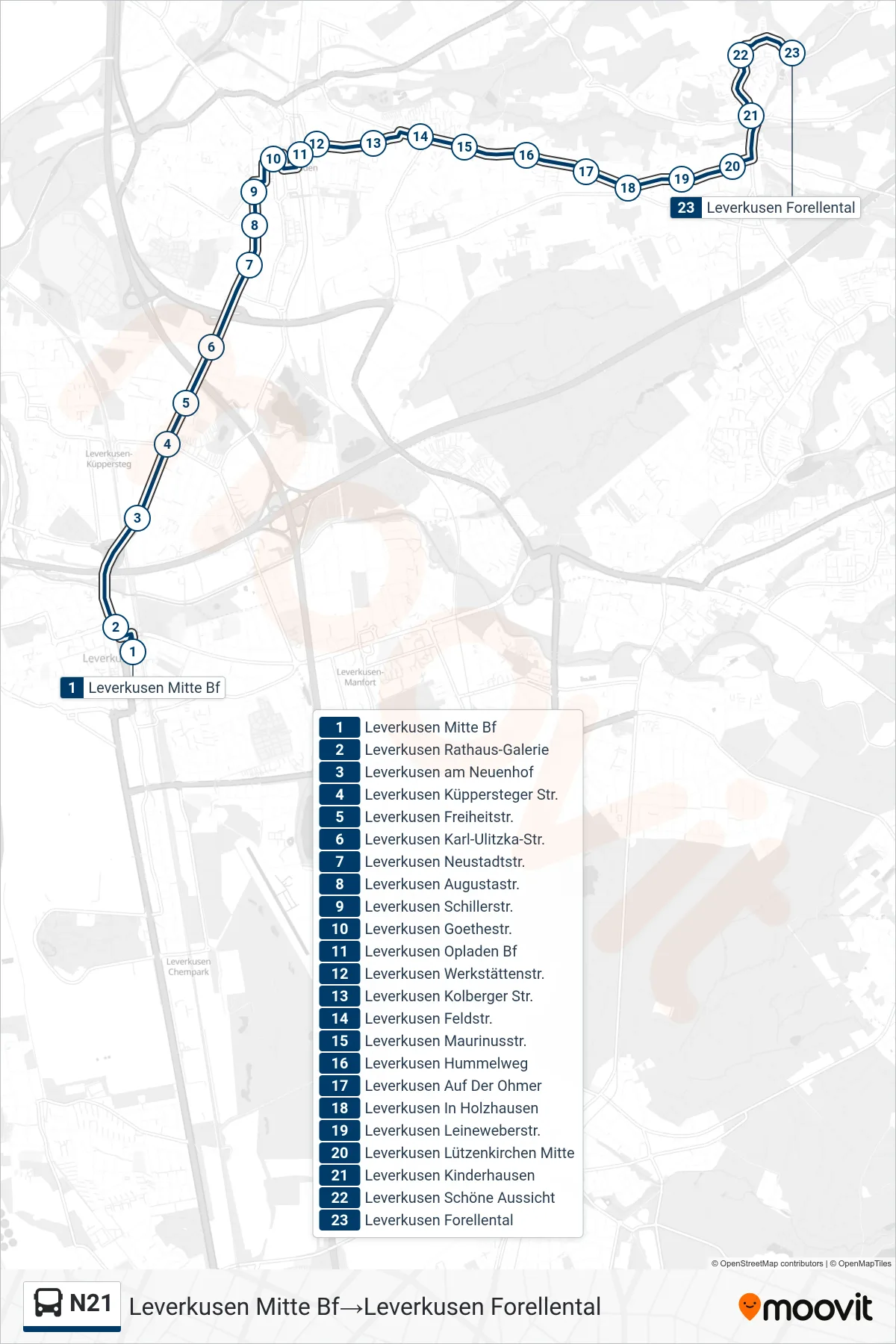 Linie N21 (Bus) Richtung Leverkusen Mitte Bf‎→Leverkusen Forellental: Route und Haltestellen auf der Karte