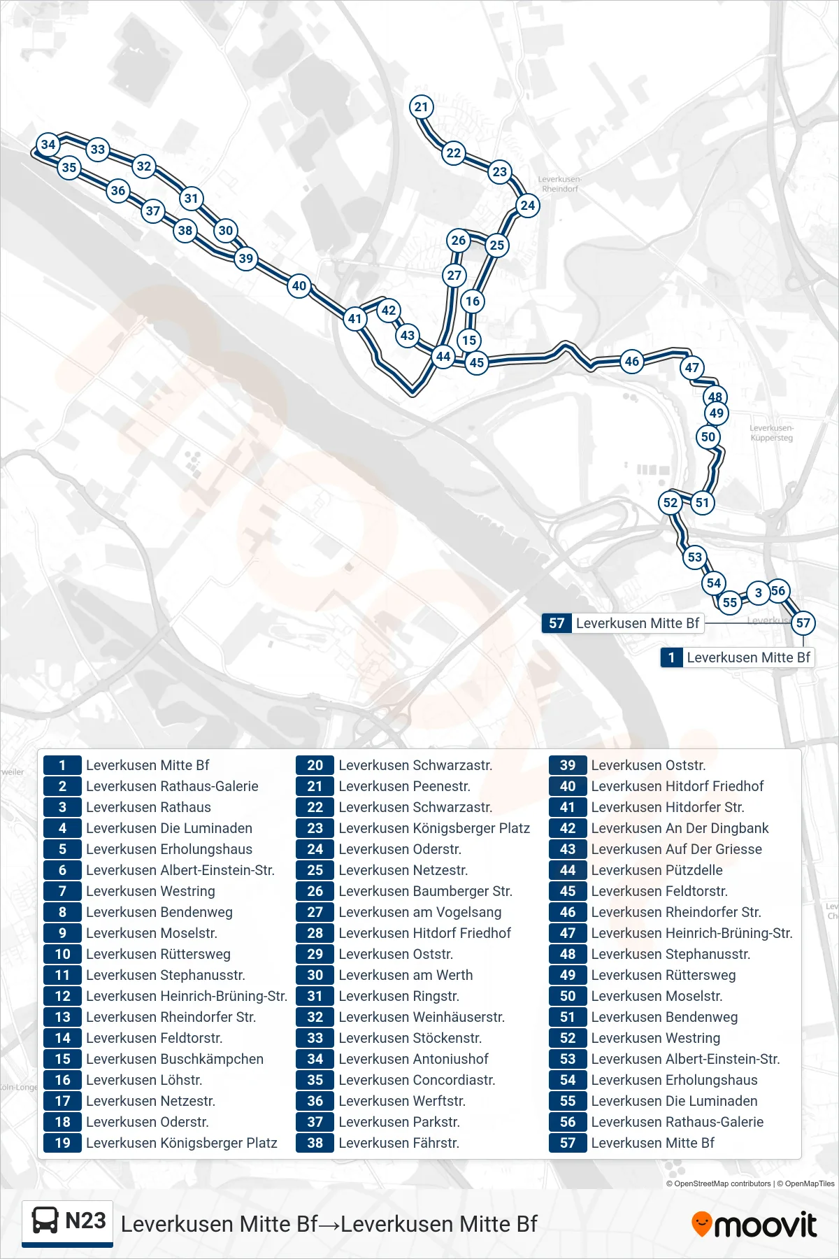 Linie N23 (Bus) Richtung Leverkusen Mitte Bf→Leverkusen Mitte Bf: Route und Haltestellen auf der Karte