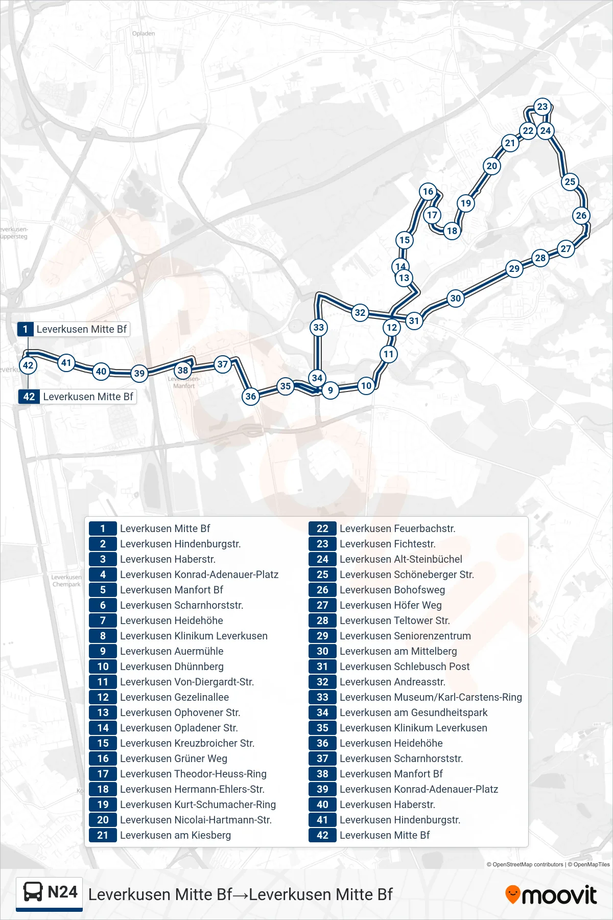 Linie N24 (Bus) Richtung Leverkusen Mitte Bf‎→Leverkusen Mitte Bf: Route und Haltestellen auf der Karte