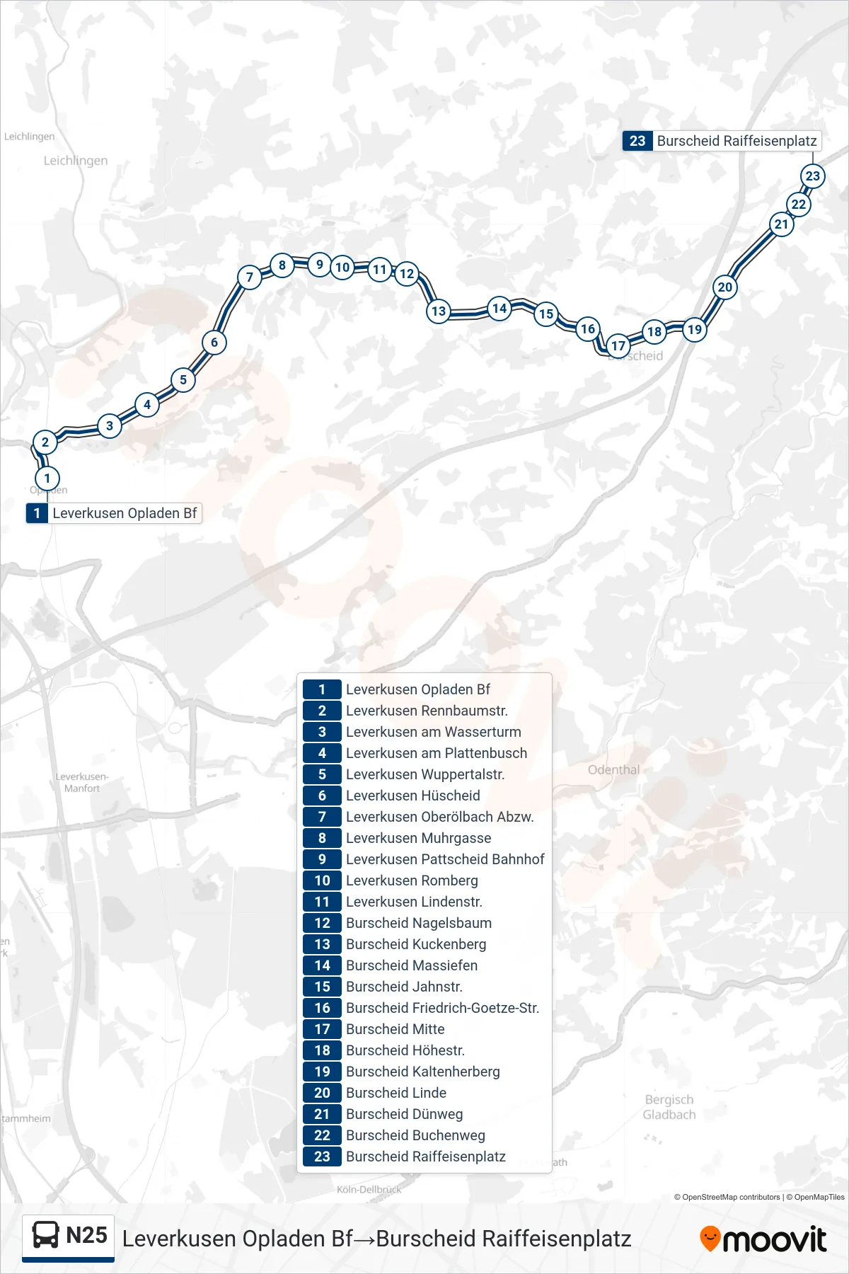 Linie N25 (Bus) Richtung Leverkusen Opladen Bf‎→Burscheid Raiffeisenplatz: Route und Haltestellen auf der Karte