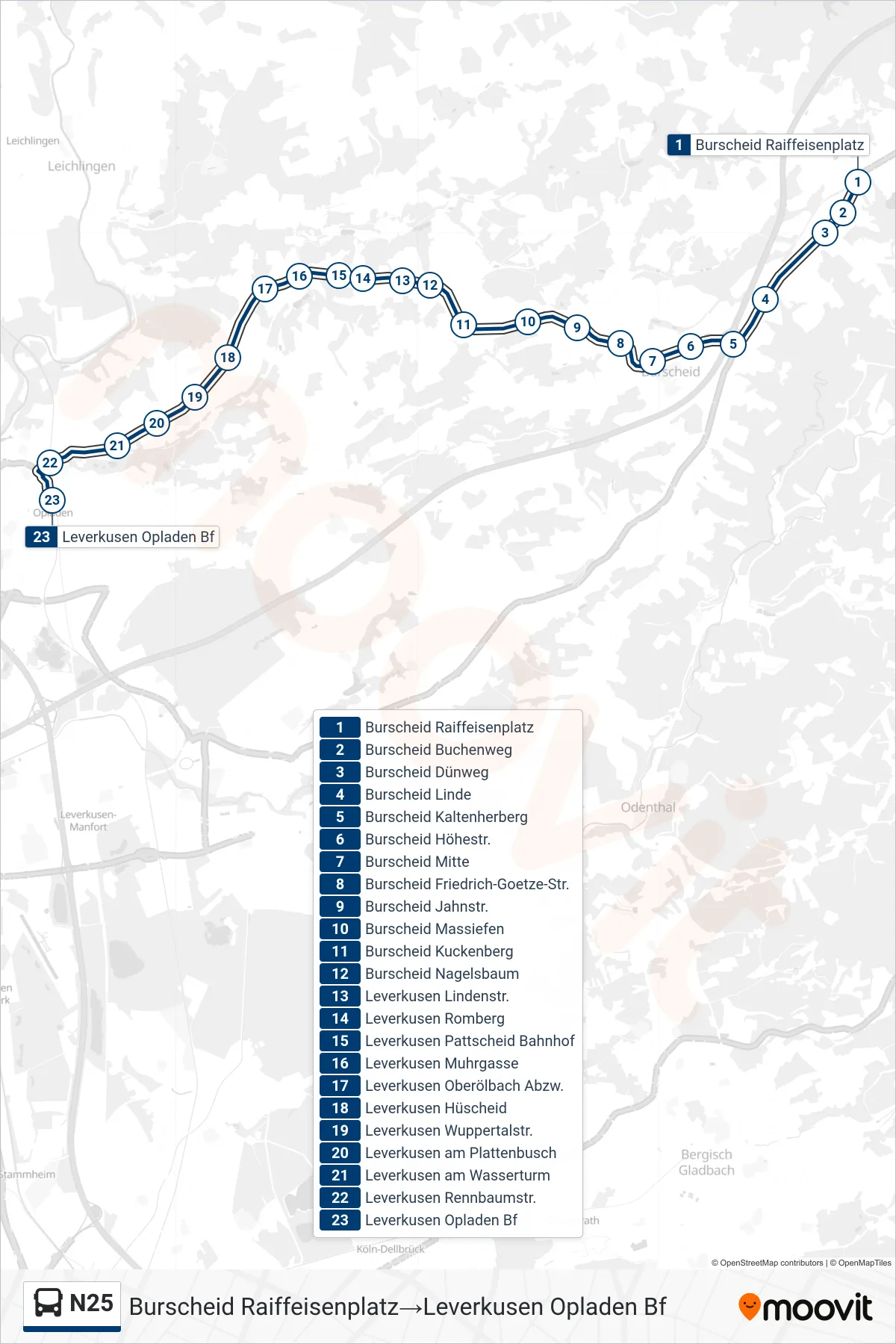 Linie N25 (Bus) Richtung Burscheid Raiffeisenplatz‎→Leverkusen Opladen Bf: Route und Haltestellen auf der Karte
