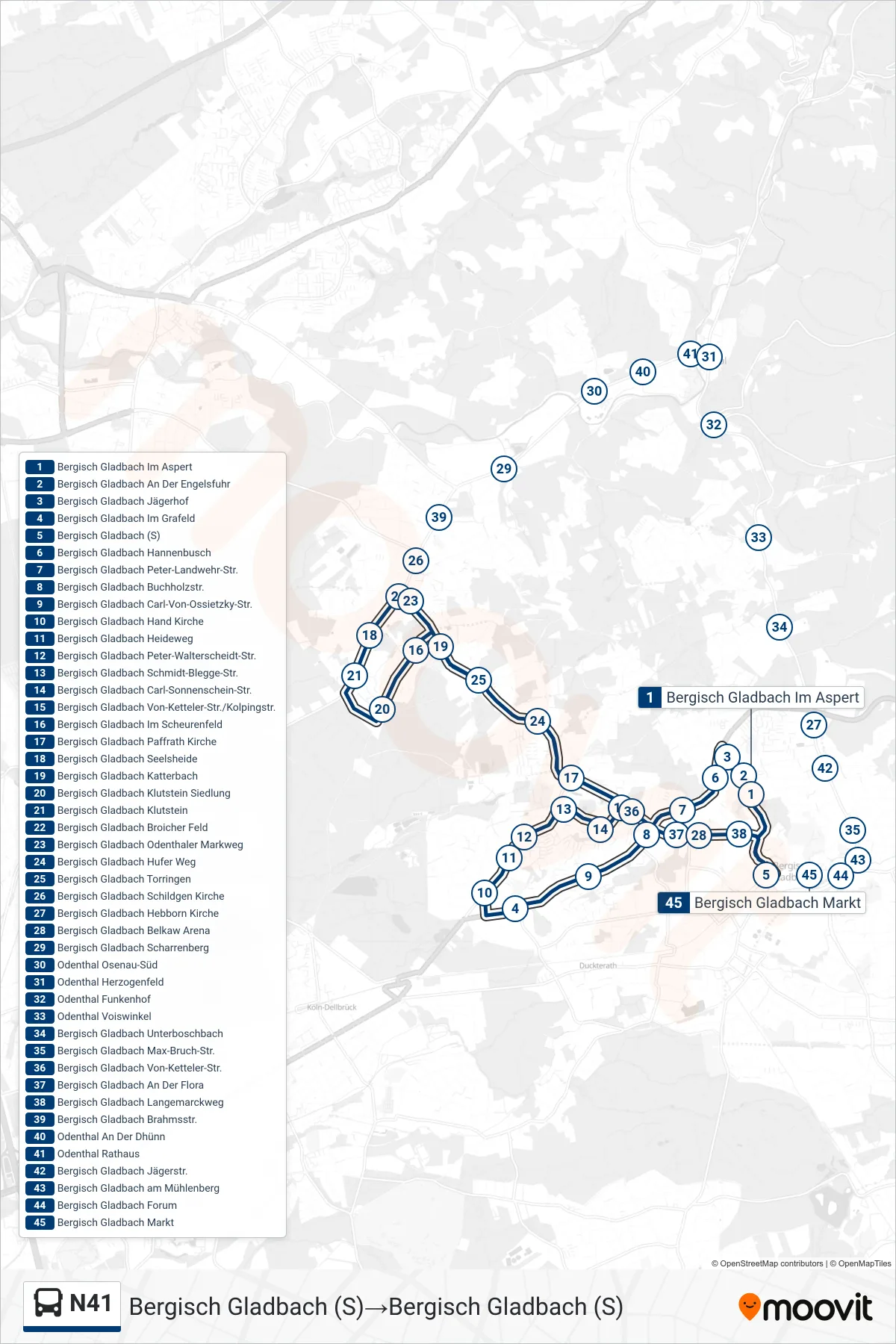 Linie N41 (Bus) Richtung Bergisch Gladbach (S)‎→Bergisch Gladbach (S): Route und Haltestellen auf der Karte