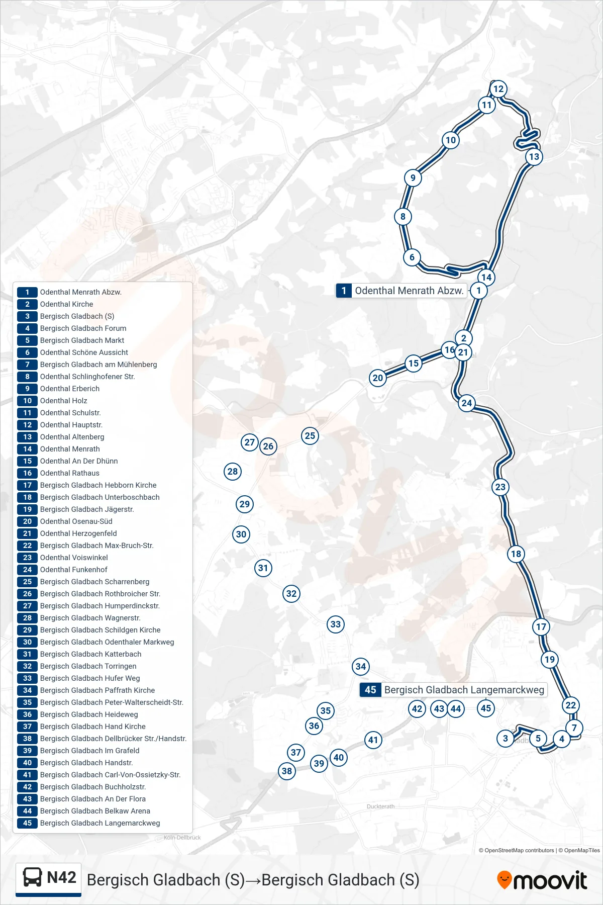 Linie N42 (Bus) Richtung Bergisch Gladbach (S)→Bergisch Gladbach (S): Route und Haltestellen auf der Karte