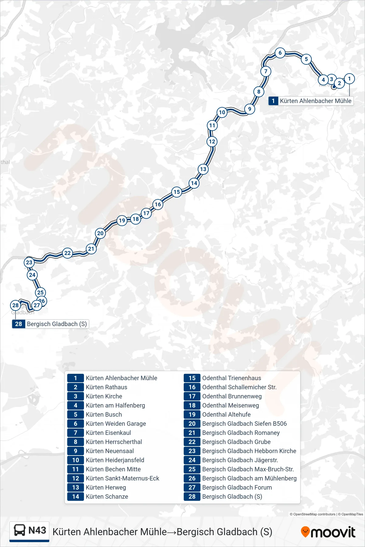 Linie N43 (Bus) Richtung Kürten Ahlenbacher Mühle→Bergisch Gladbach (S): Route und Haltestellen auf der Karte
