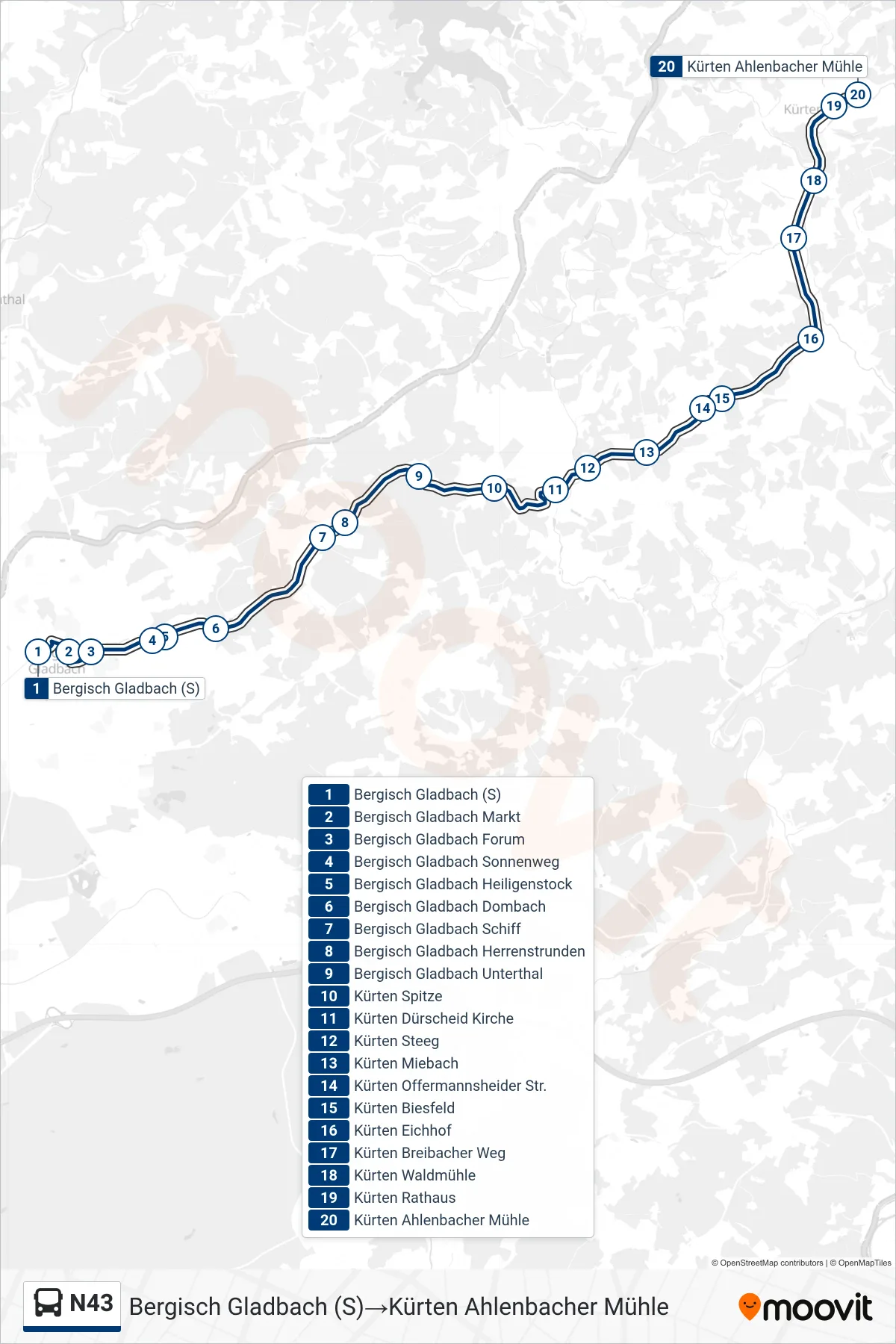 N43 bus Line (Bergisch Gladbach (S)→Kürten Ahlenbacher Mühle) route and stops on a map