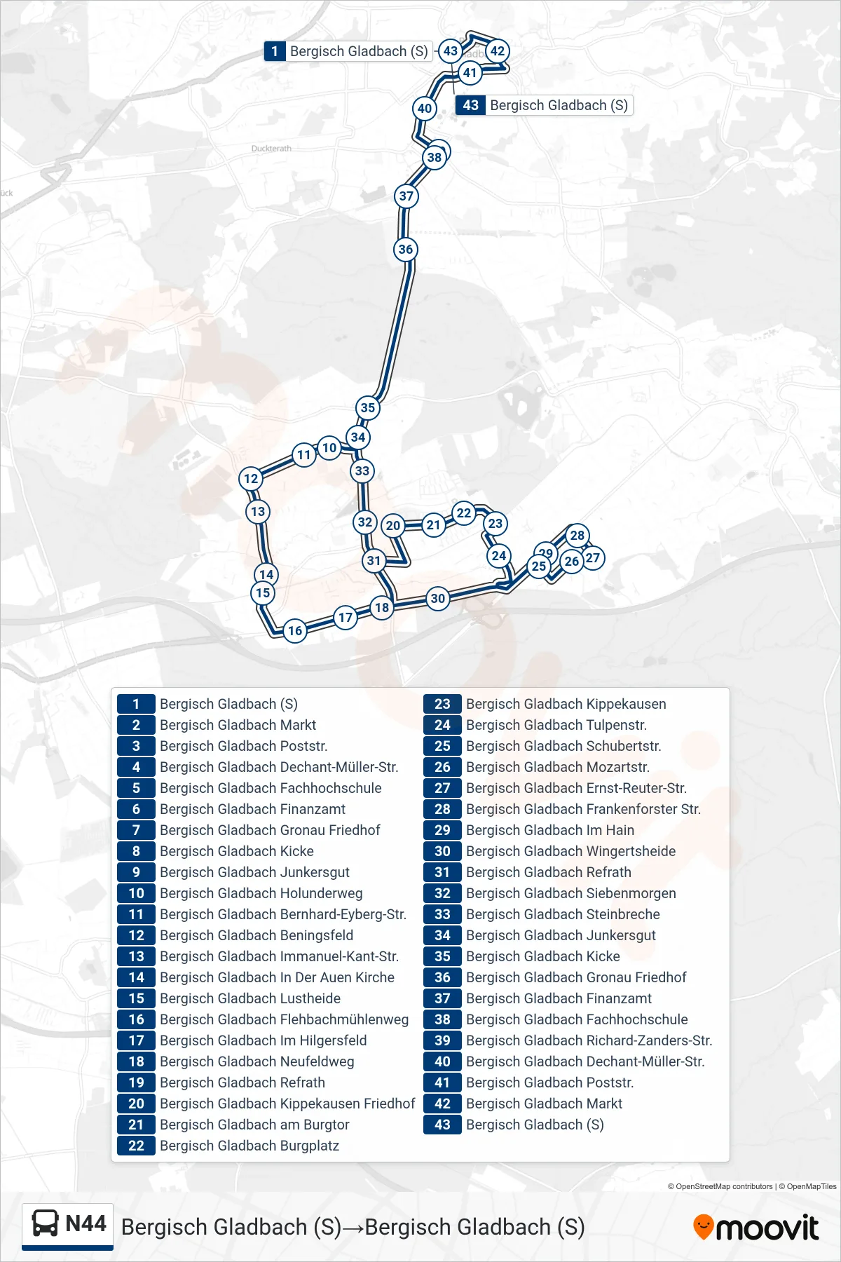 Linie N44 (Bus) Richtung Bergisch Gladbach (S)‎→Bergisch Gladbach (S): Route und Haltestellen auf der Karte