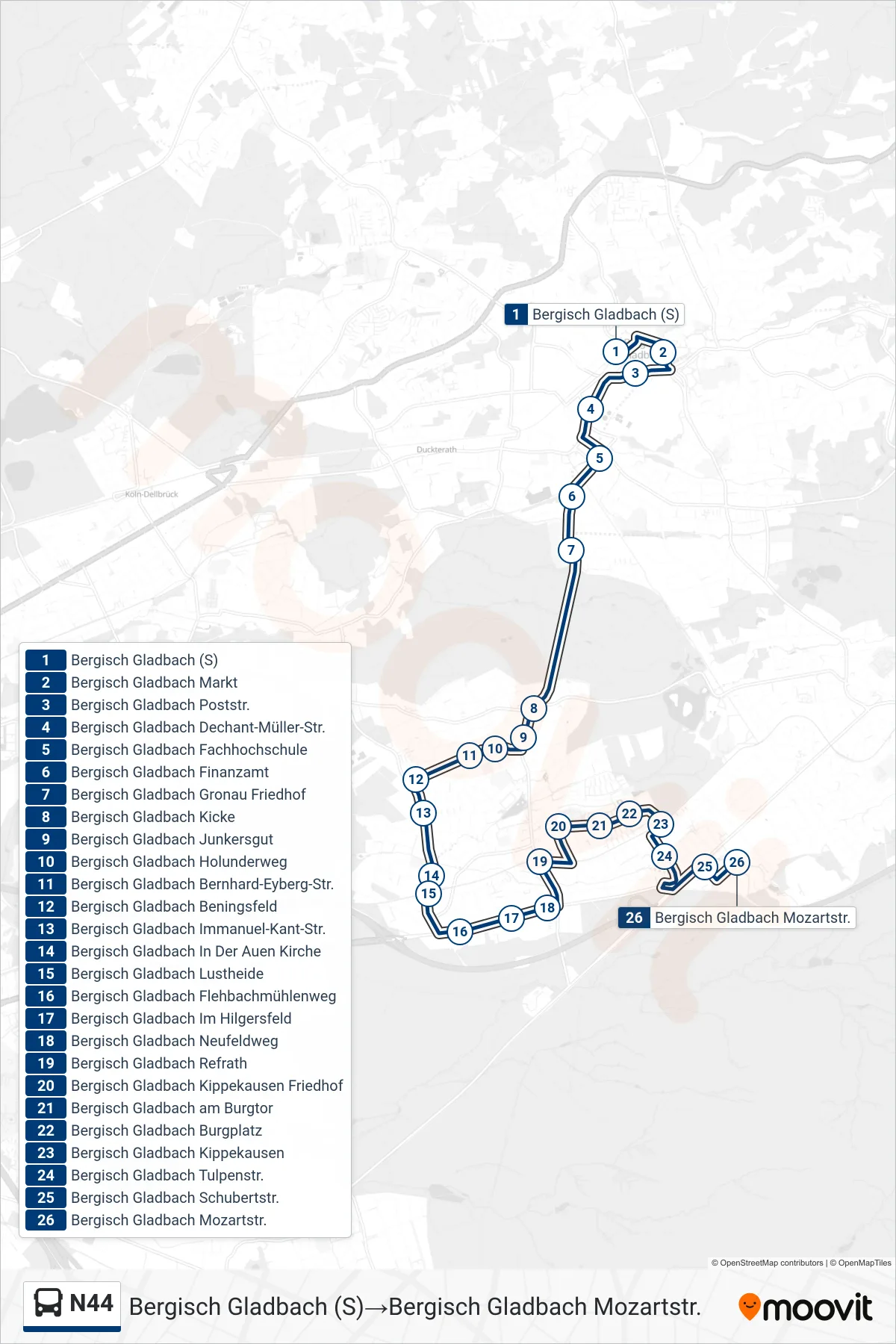 Linie N44 (Bus) Richtung Bergisch Gladbach (S)‎→Bergisch Gladbach Mozartstr.: Route und Haltestellen auf der Karte