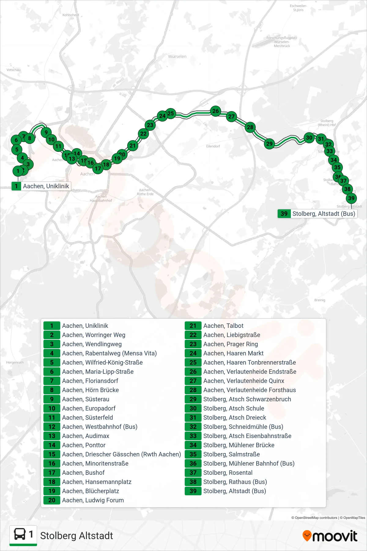 Linie 1 (Bus) Richtung Stolberg Altstadt: Route und Haltestellen auf der Karte