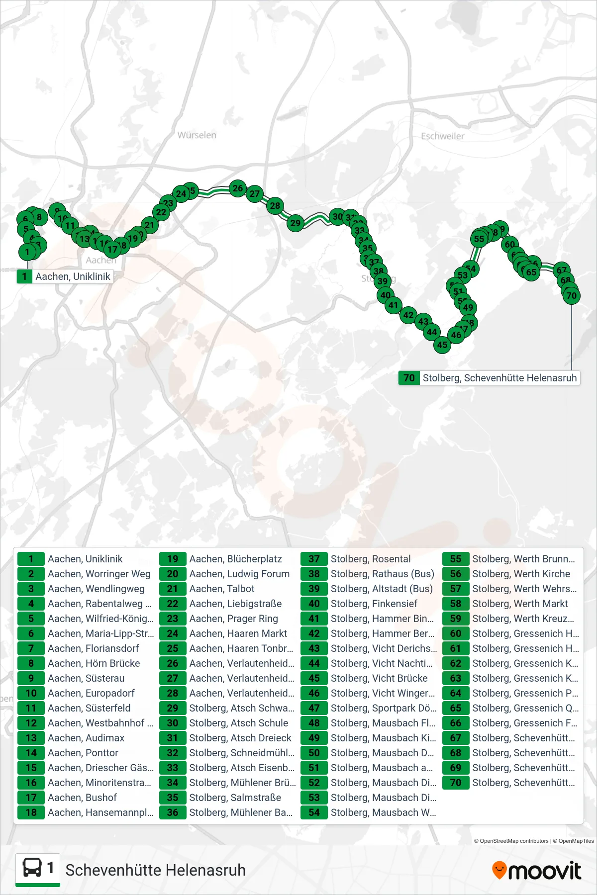 Linie 1 (Bus) Richtung Schevenhütte Helenasruh: Route und Haltestellen auf der Karte