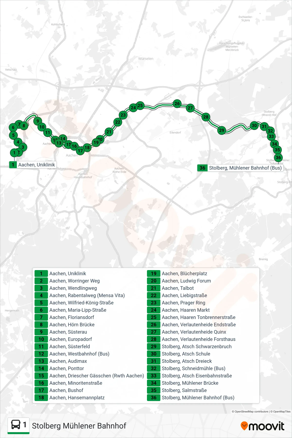 Linie 1 (Bus) Richtung Stolberg Mühlener Bahnhof: Route und Haltestellen auf der Karte