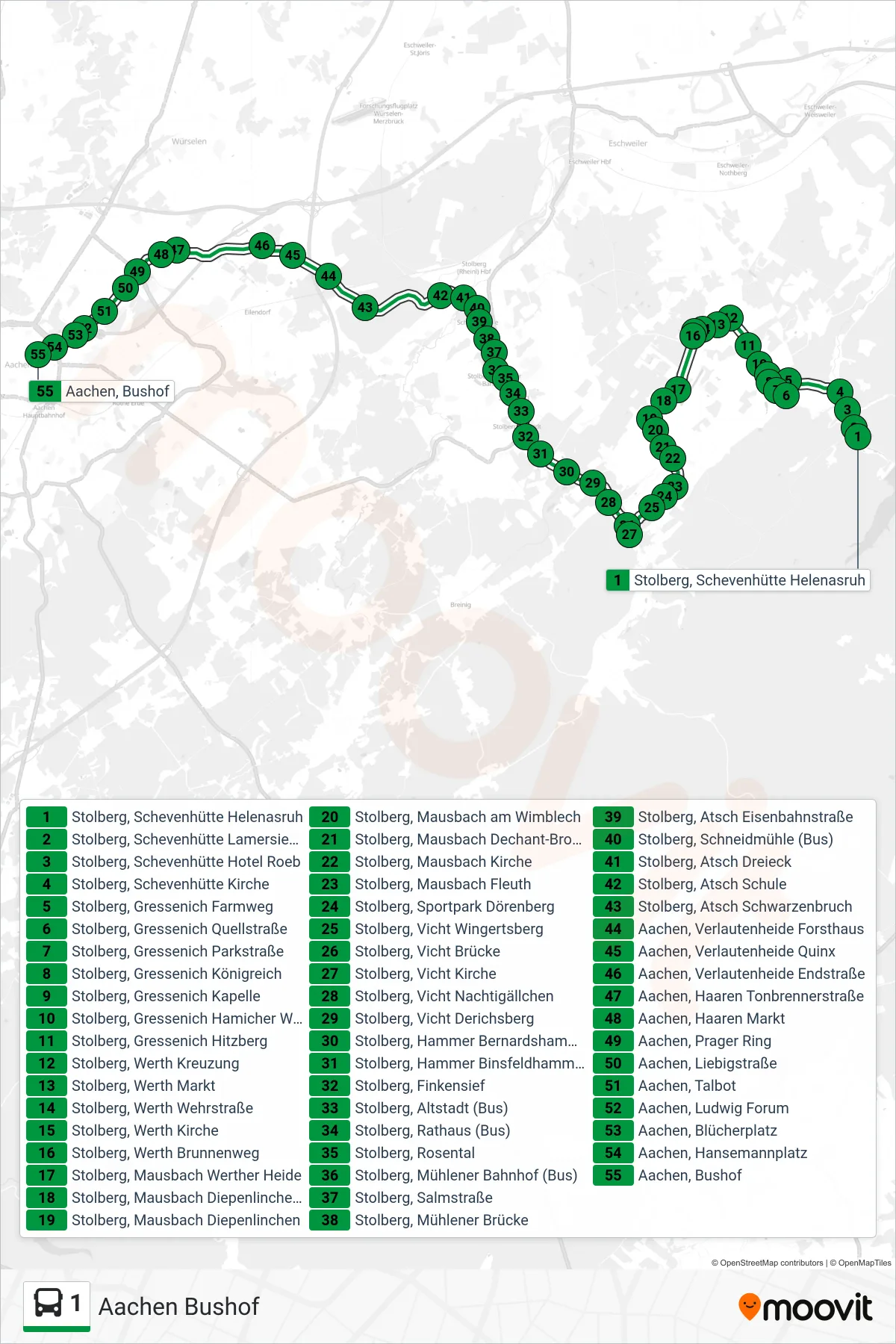 Linie 1 (Bus) Richtung Aachen Bushof: Route und Haltestellen auf der Karte
