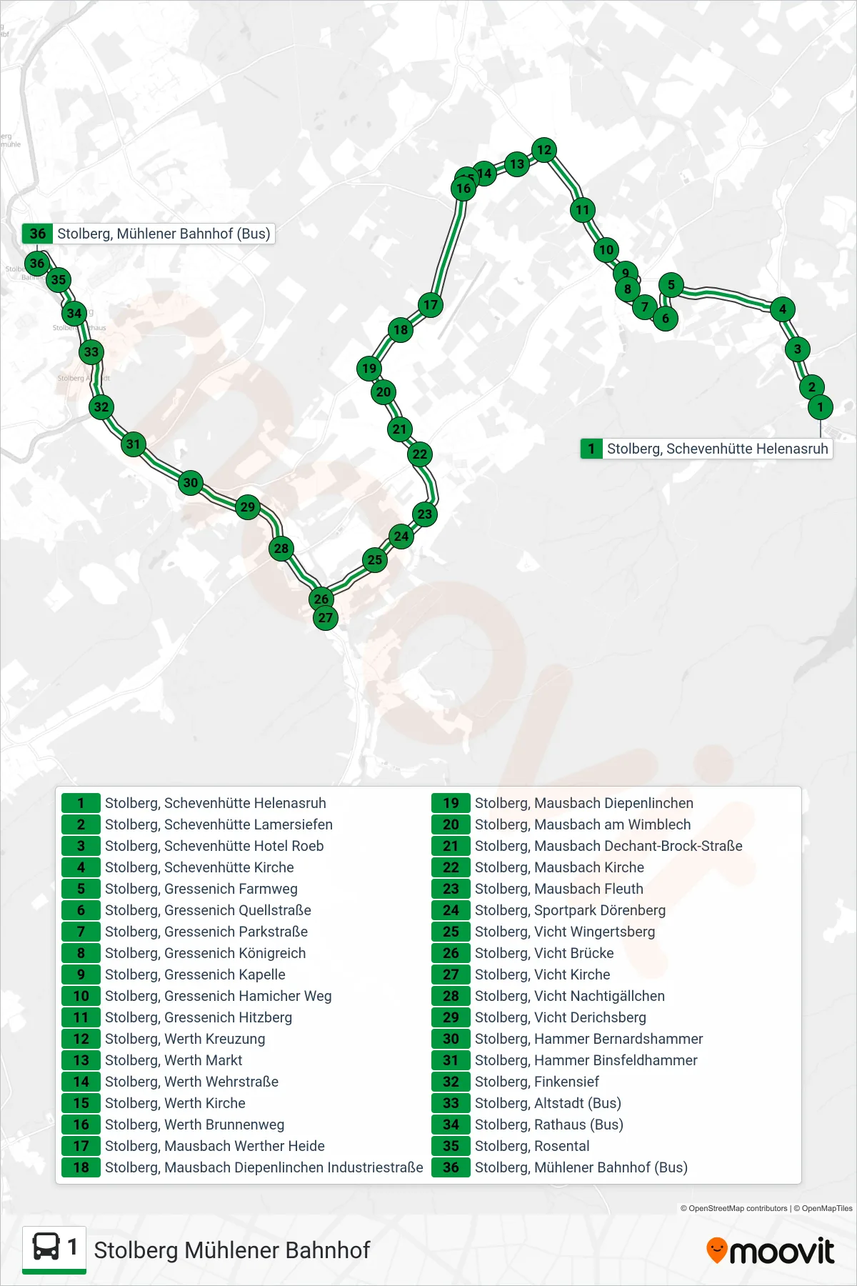 Linie 1 (Bus) Richtung Stolberg Mühlener Bahnhof: Route und Haltestellen auf der Karte