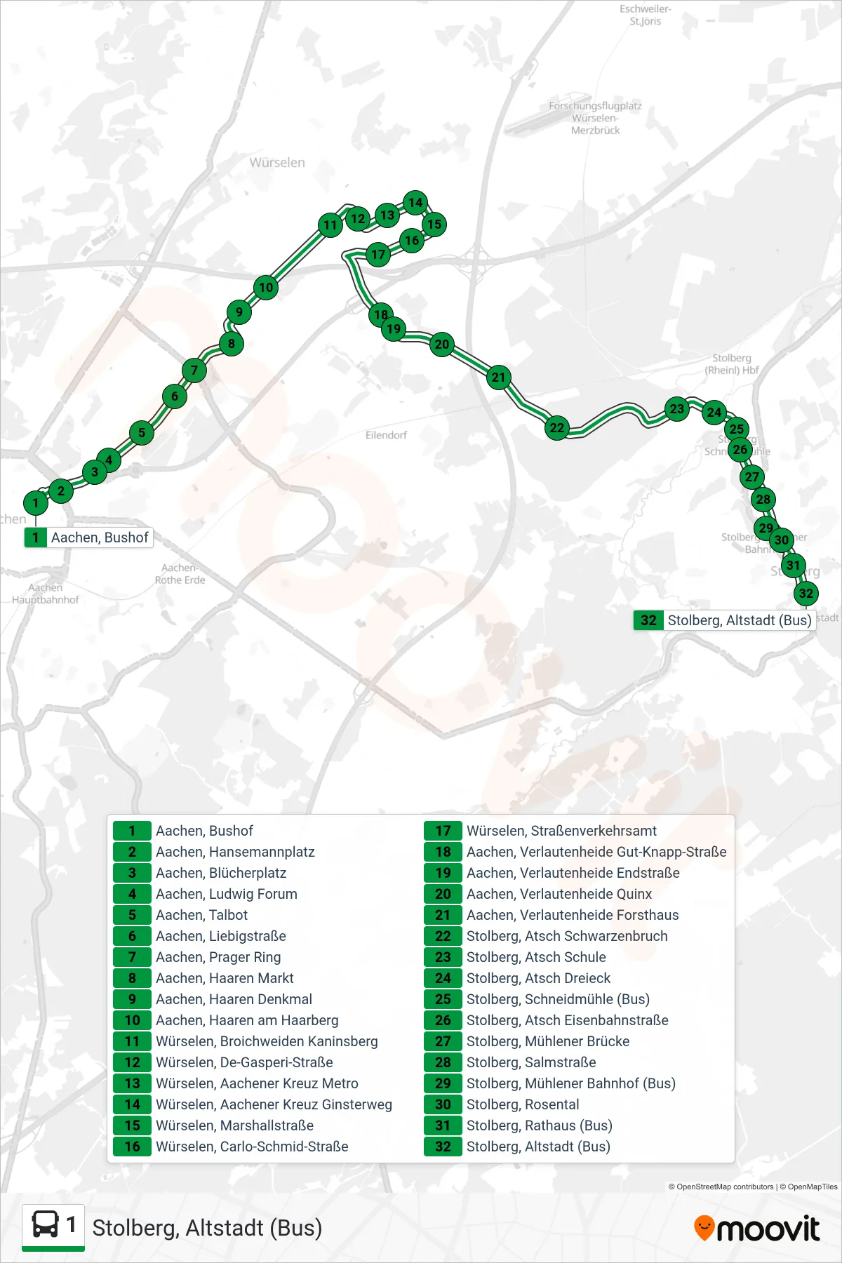 Linie 1 (Bus) Richtung Stolberg, Altstadt (Bus): Route und Haltestellen auf der Karte