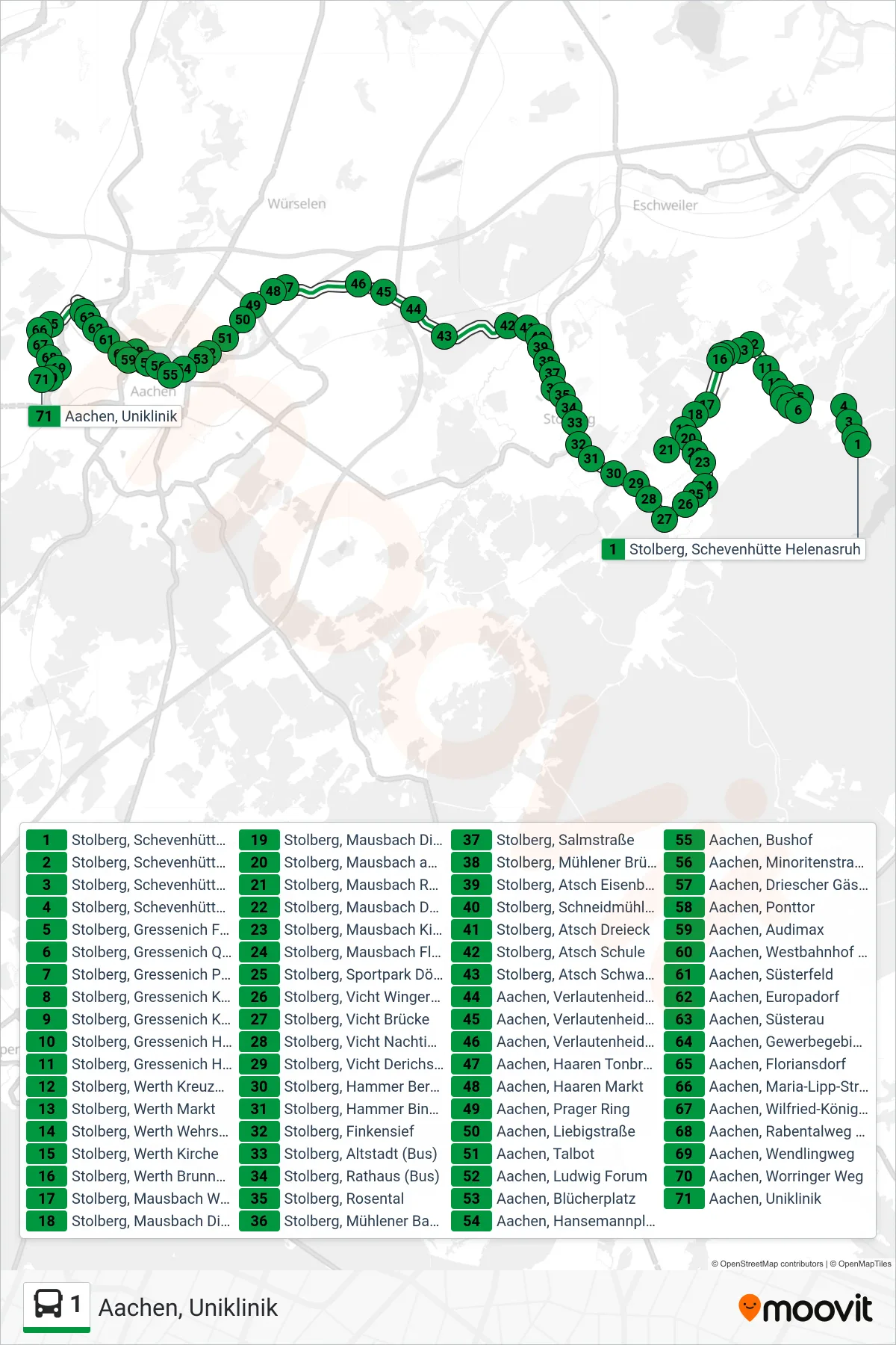 Linie 1 (Bus) Richtung Aachen, Uniklinik: Route und Haltestellen auf der Karte