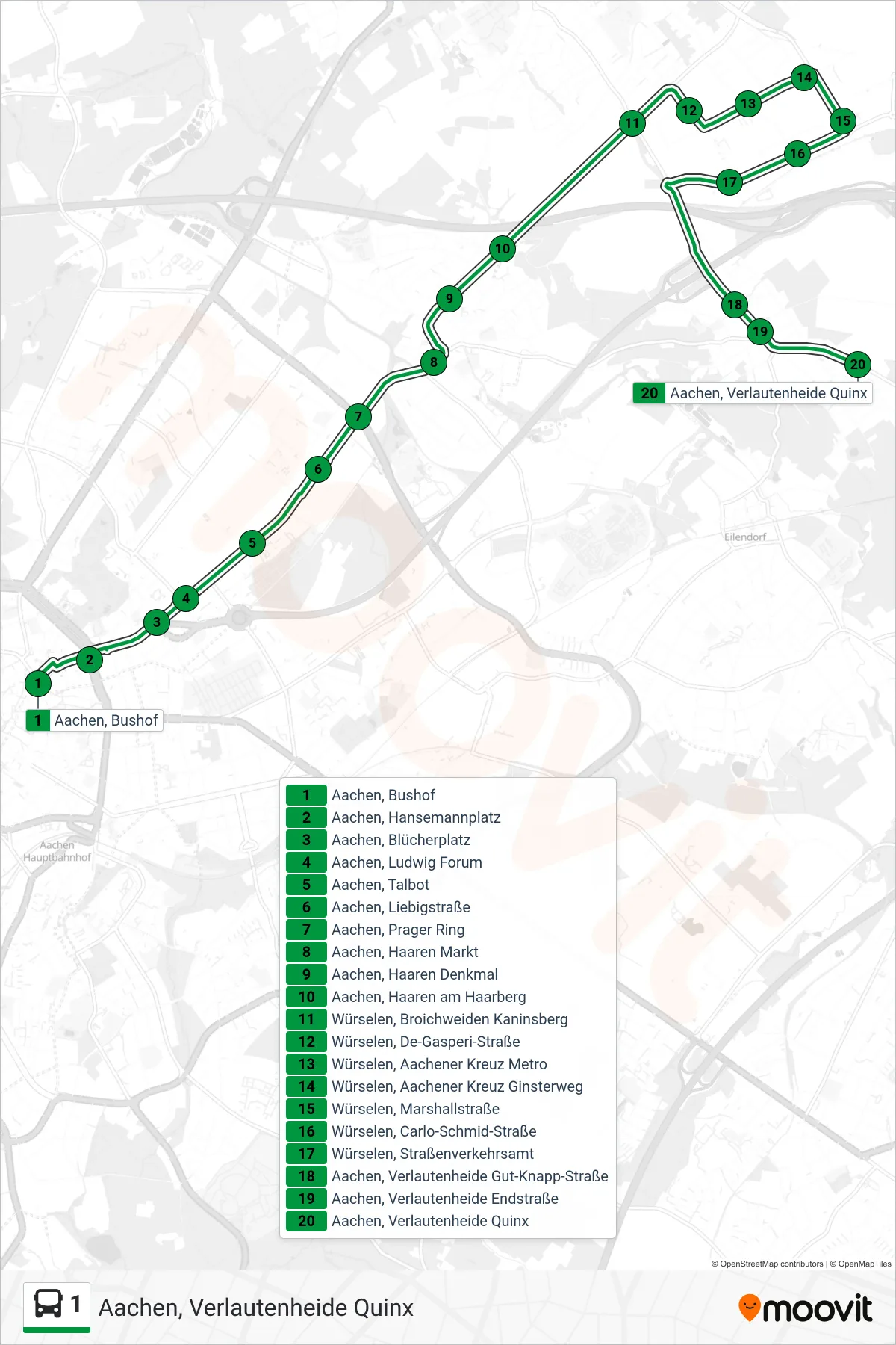 1 bus Line (Aachen, Verlautenheide Quinx) route and stops on a map