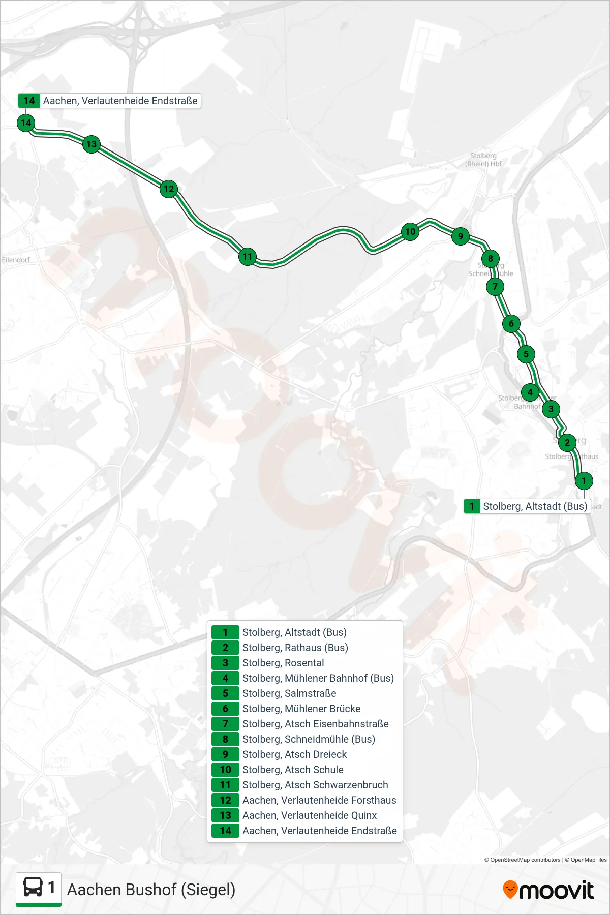Linie 1 (Bus) Richtung Aachen Bushof (Siegel): Route und Haltestellen auf der Karte
