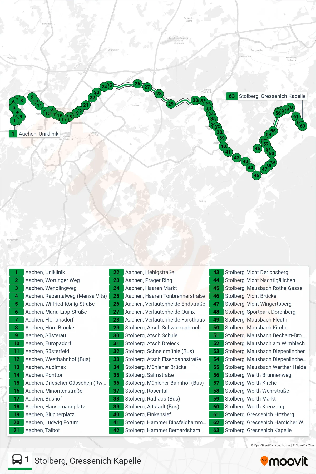 Linie 1 (Bus) Richtung Stolberg, Gressenich Kapelle: Route und Haltestellen auf der Karte