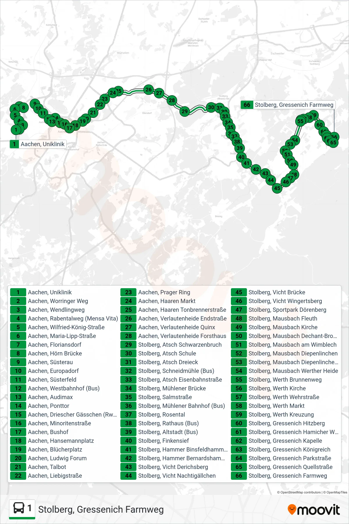 Linie 1 (Bus) Richtung Stolberg, Gressenich Farmweg: Route und Haltestellen auf der Karte