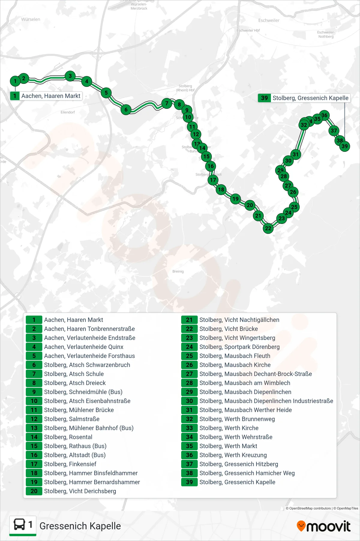 Linie 1 (Bus) Richtung Gressenich Kapelle: Route und Haltestellen auf der Karte