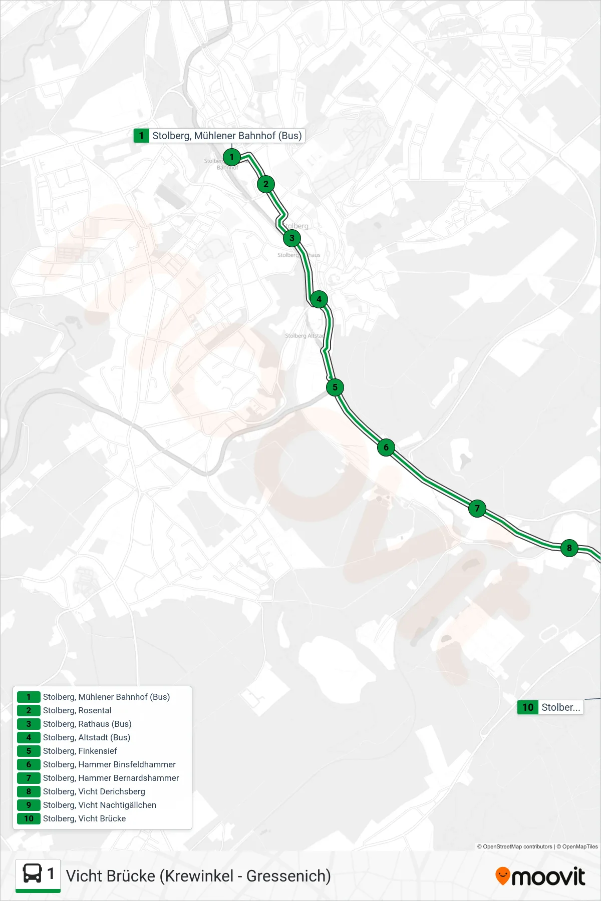 Linie 1 (Bus) Richtung Vicht Brücke (Krewinkel - Gressenich): Route und Haltestellen auf der Karte