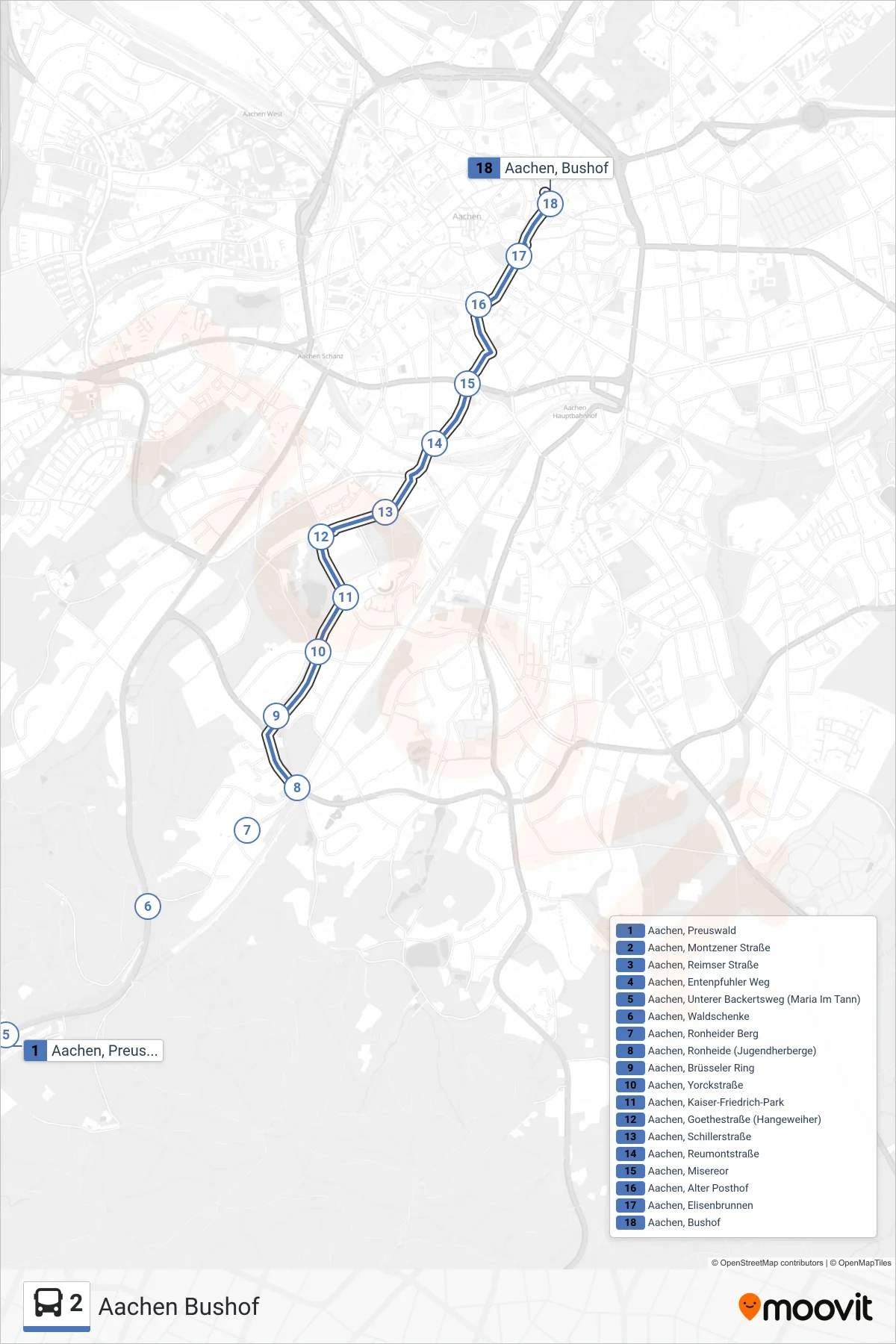 Linie 2 (Bus) Richtung Aachen Bushof: Route und Haltestellen auf der Karte